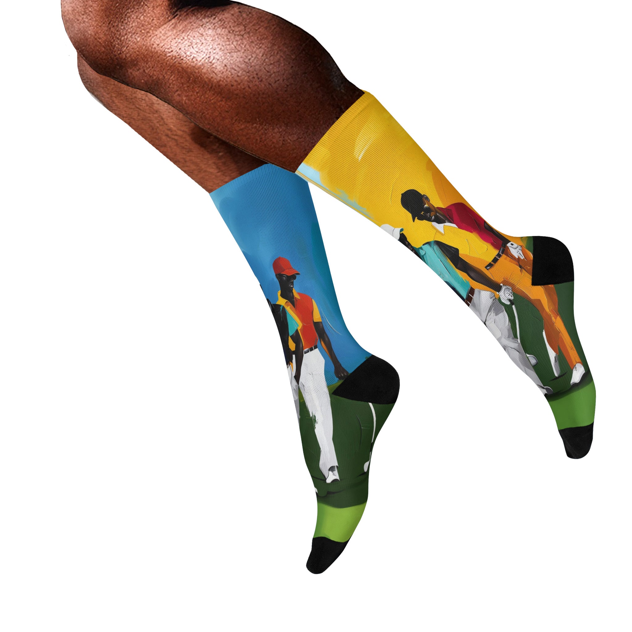 White crew socks featuring Afrocentric painterly artwork of Black men playing golf on a vibrant green course, celebrating Black joy, leisure, and stylish golf culture.