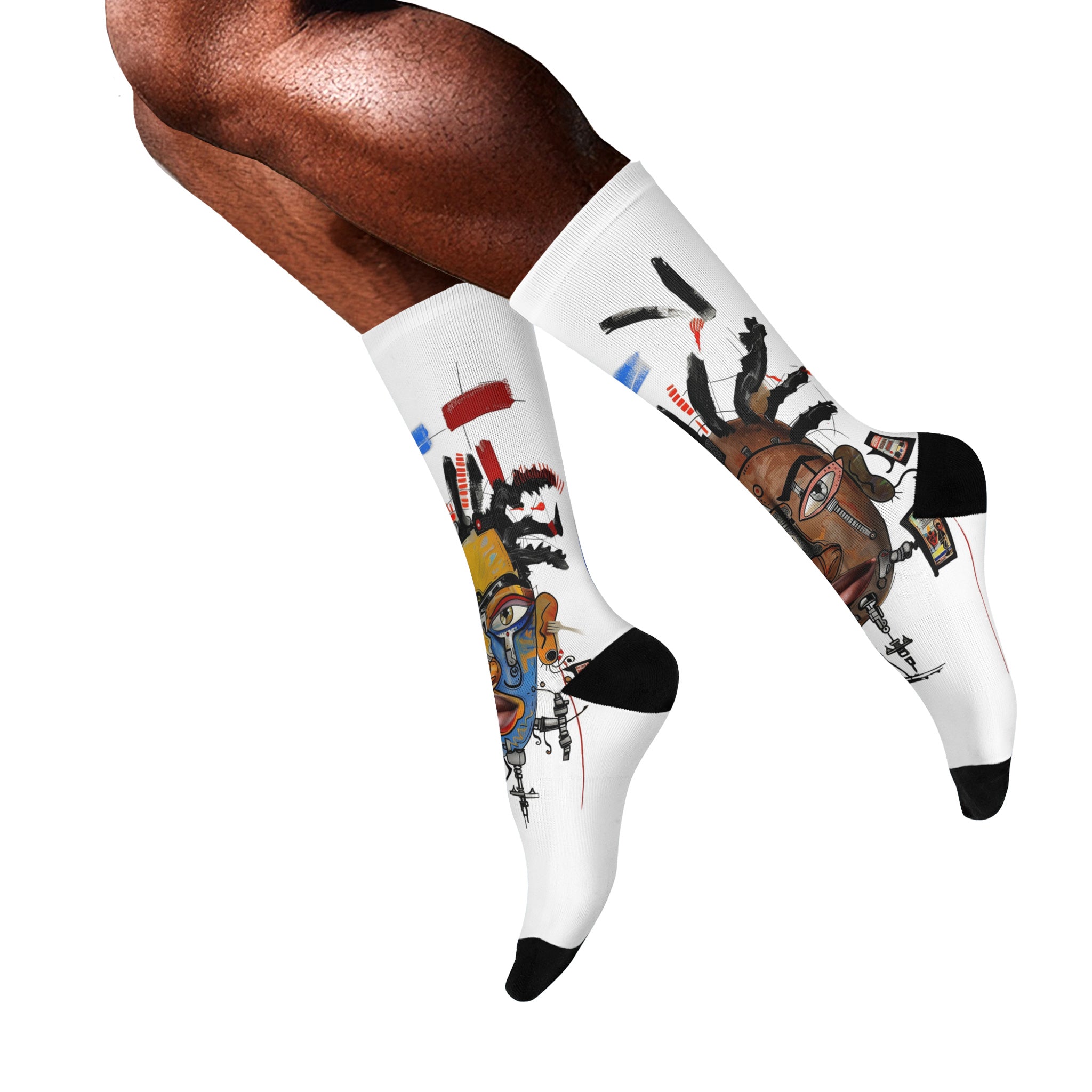 Abstract Afrocentric crew socks featuring a continuous calf wrap print of a Black man with a split human and robot face in an Afrofuturism art style, with black heel and toe panels. Series 03
