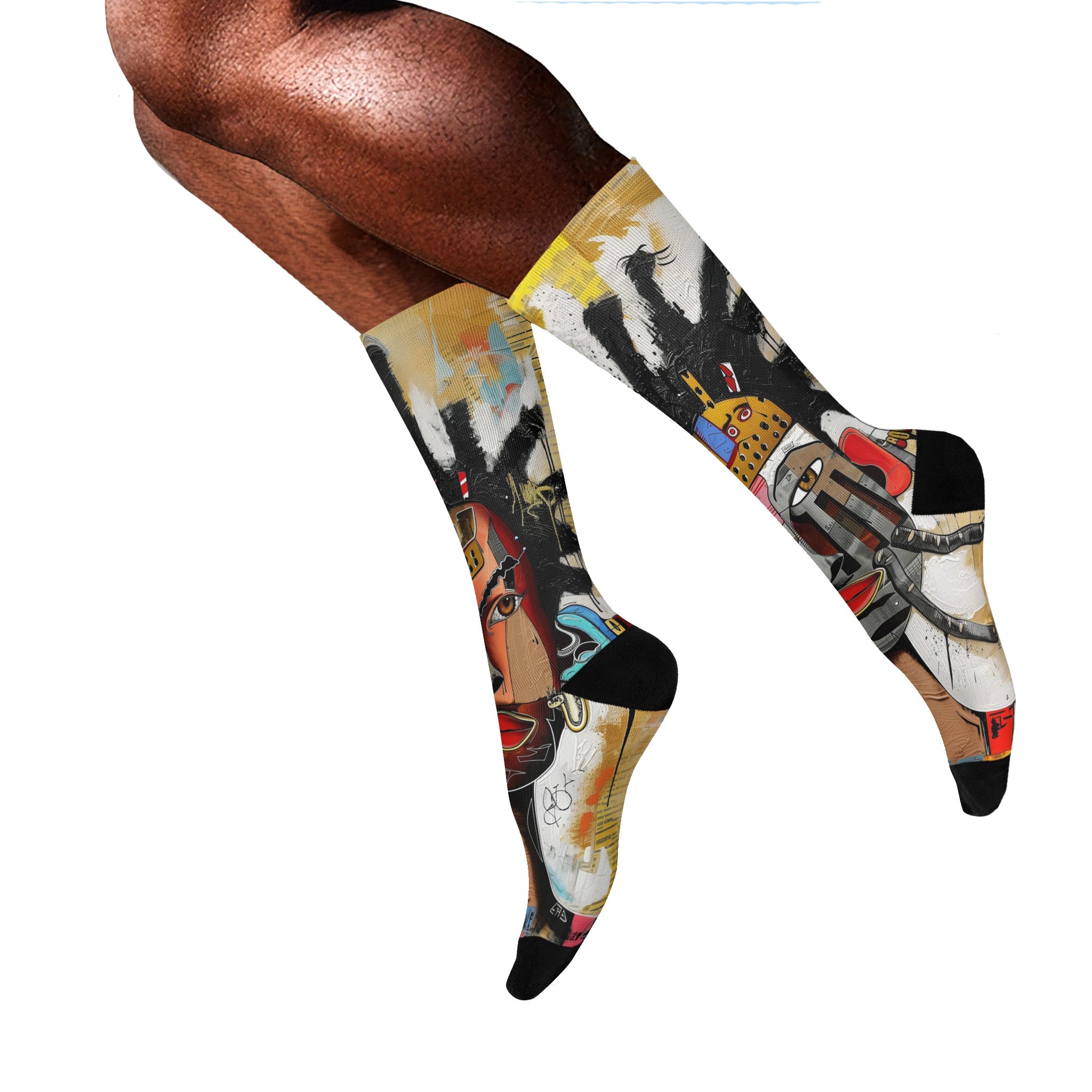 Abstract Afrocentric t-shirt featuring a split-face portrait of a Black man, half human and half robot, with expressive facial features and futuristic mechanical details in an Afrofuturism art style.