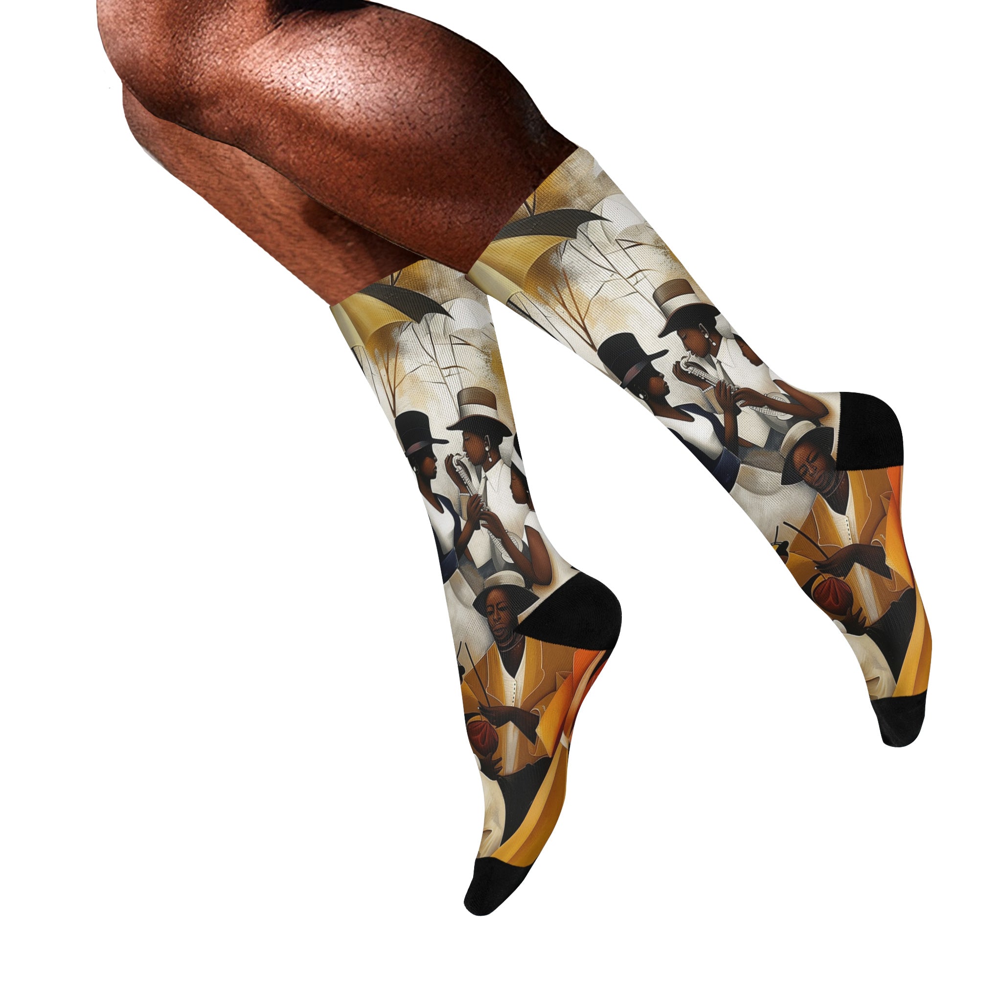 Juneteenth picnic crew socks featuring Afrocentric art of a joyful Picnic in the Park celebration, symbolizing Black culture, freedom, and community.