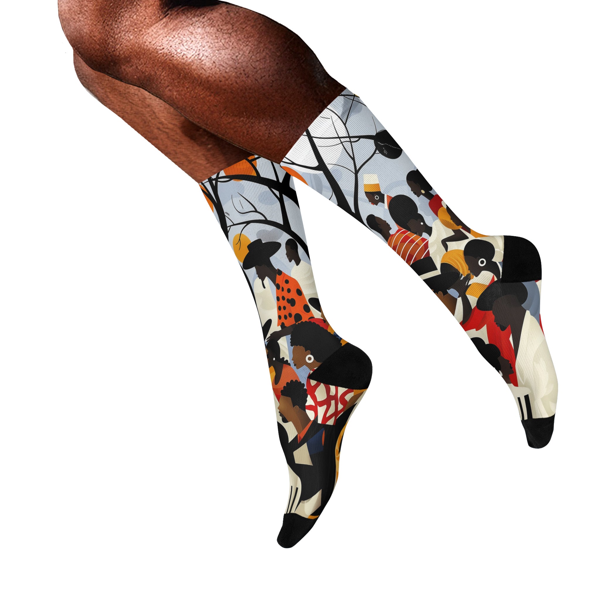 Juneteenth picnic crew socks featuring Afrocentric art of a joyful Picnic in the Park celebration, symbolizing Black culture, freedom, and community.