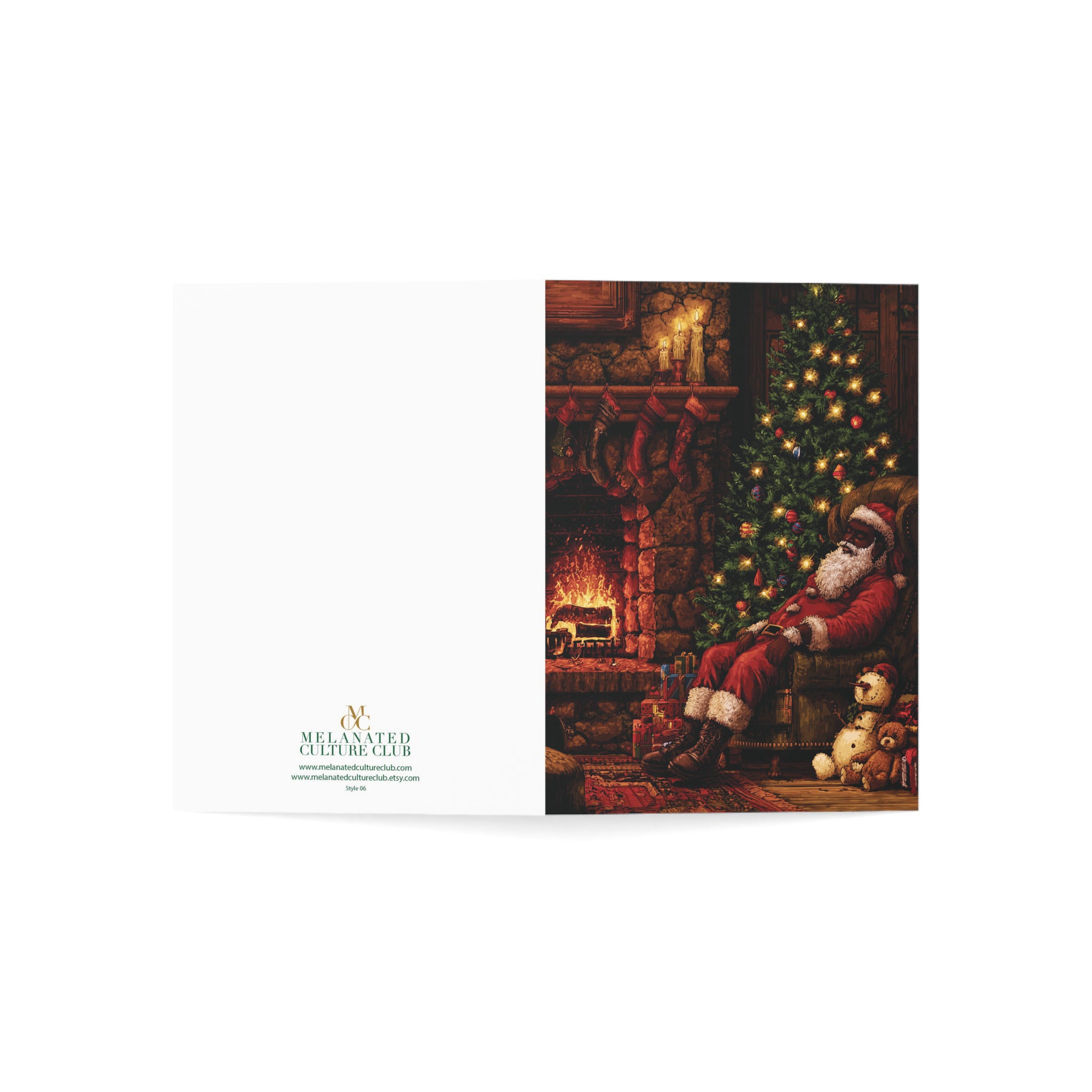 An Afrocentric  Christmas greeting card featuring an illustration of Black Santa Claus lounging in a cozy living room next to a lit Christmas tree and fireplace, shown against a plain white background.