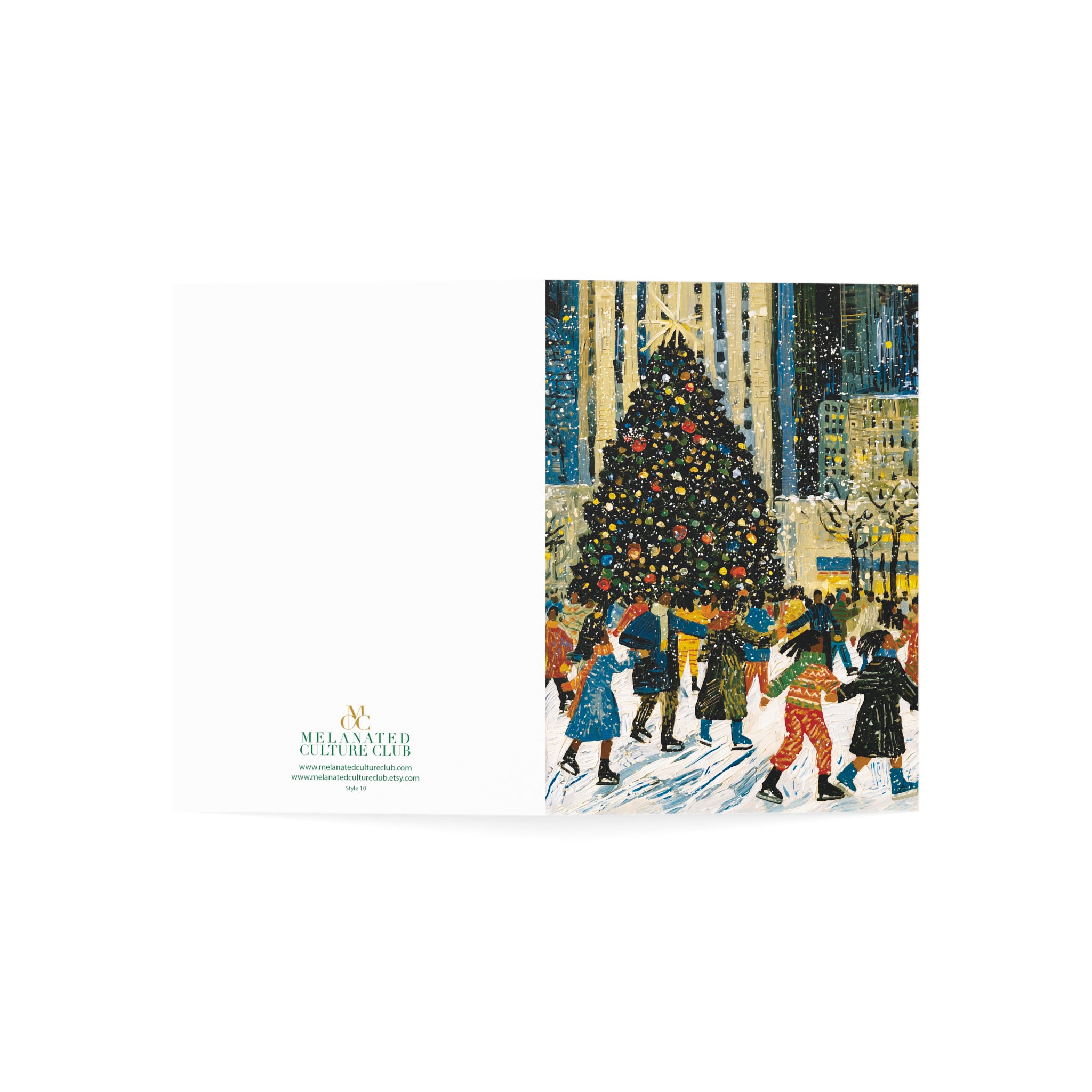 A back and front view of a  Christmas greeting card featuring a colorful winter city scene with a decorated Christmas tree and Black children ice skating at the Rockefeller Center in New York, shown against a plain white background.