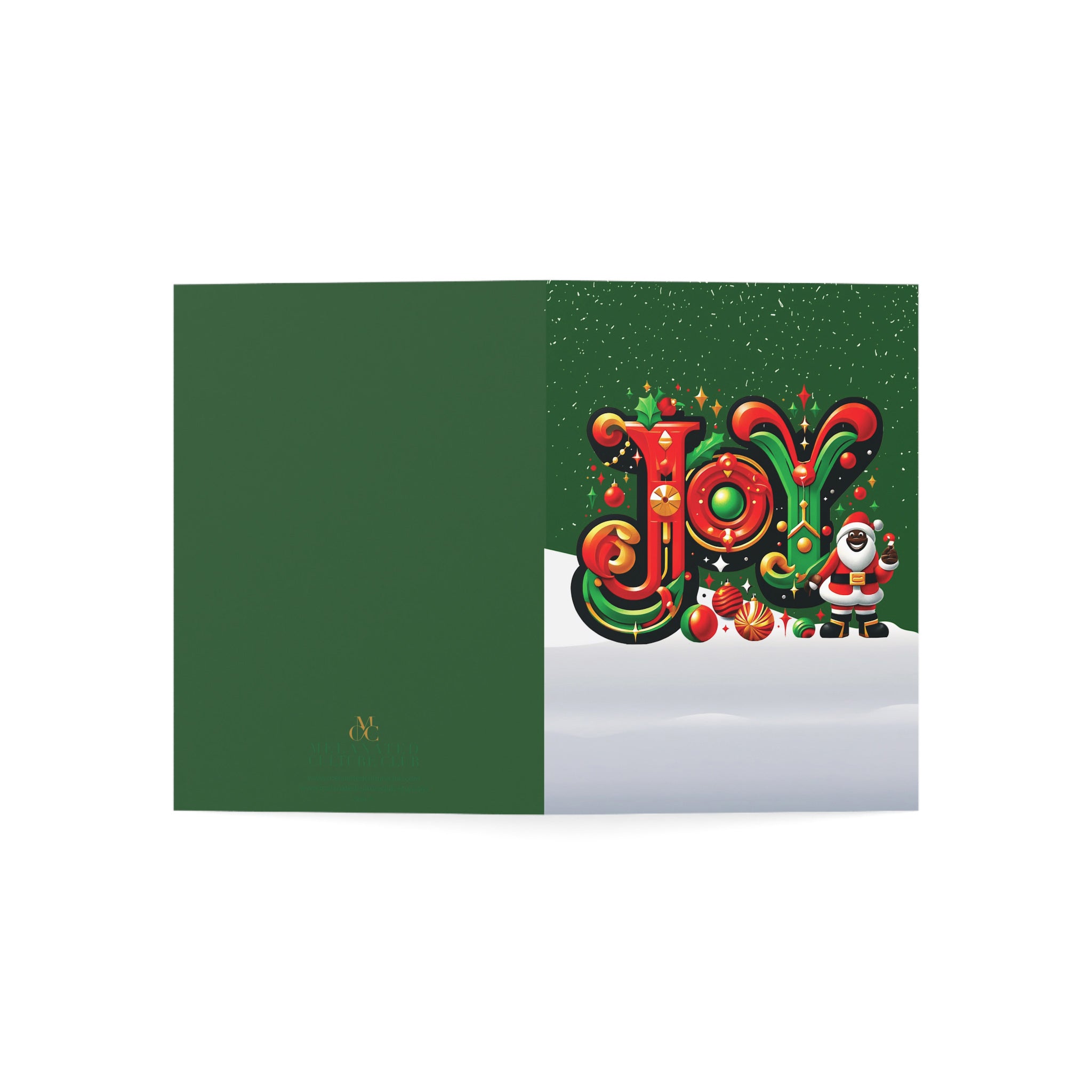 Black Santa Christmas Card featuring African American Santa Claus with the word “JOY,” Afrocentric holiday greeting card available as single or multipack with envelopes.