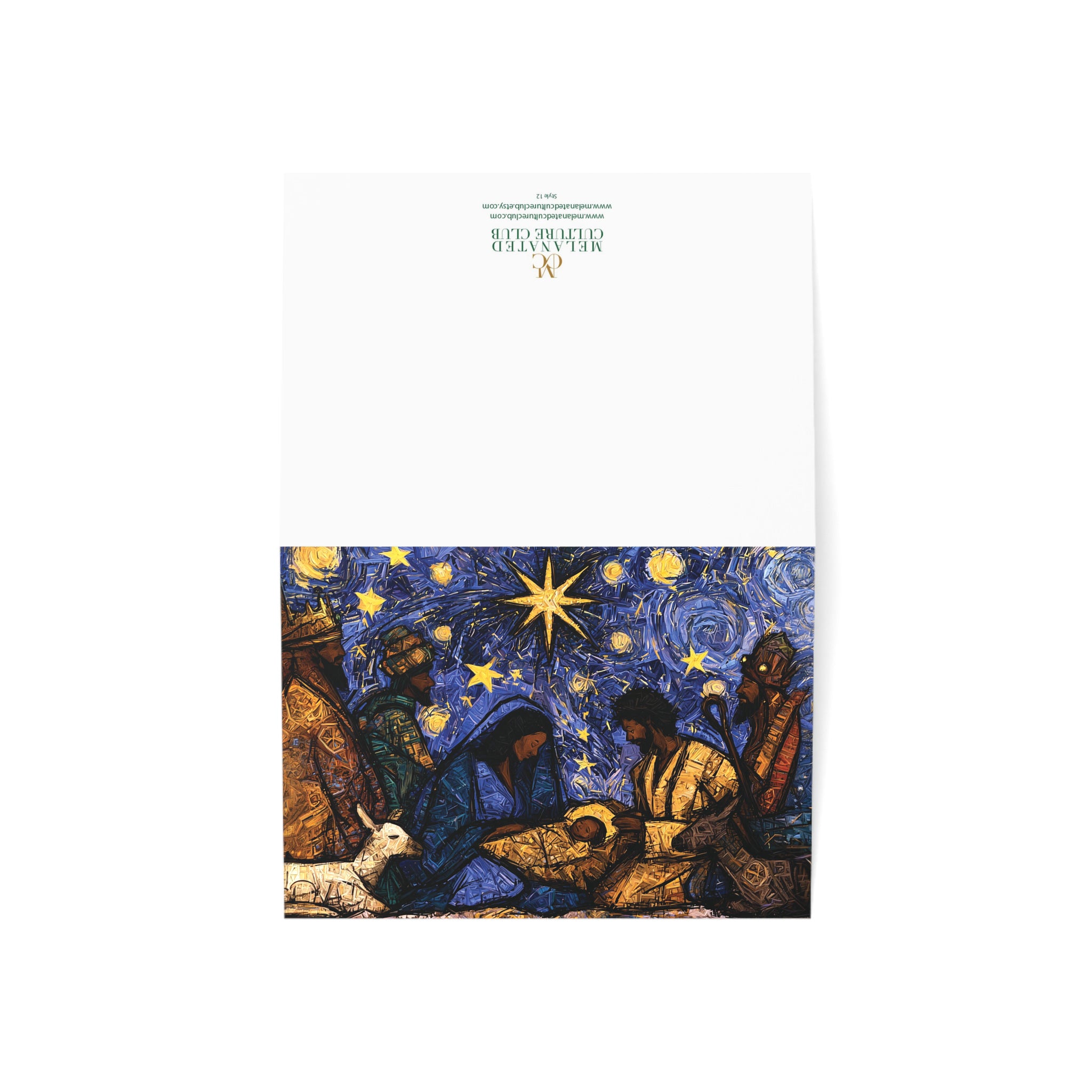 A front and back view of a Christmas greeting card featuring a colorful, stylized nativity scene with Black Baby Jesus, Mary, Joseph, Wise men and barn animals with a bright star in the night sky, placed against a clean white background.