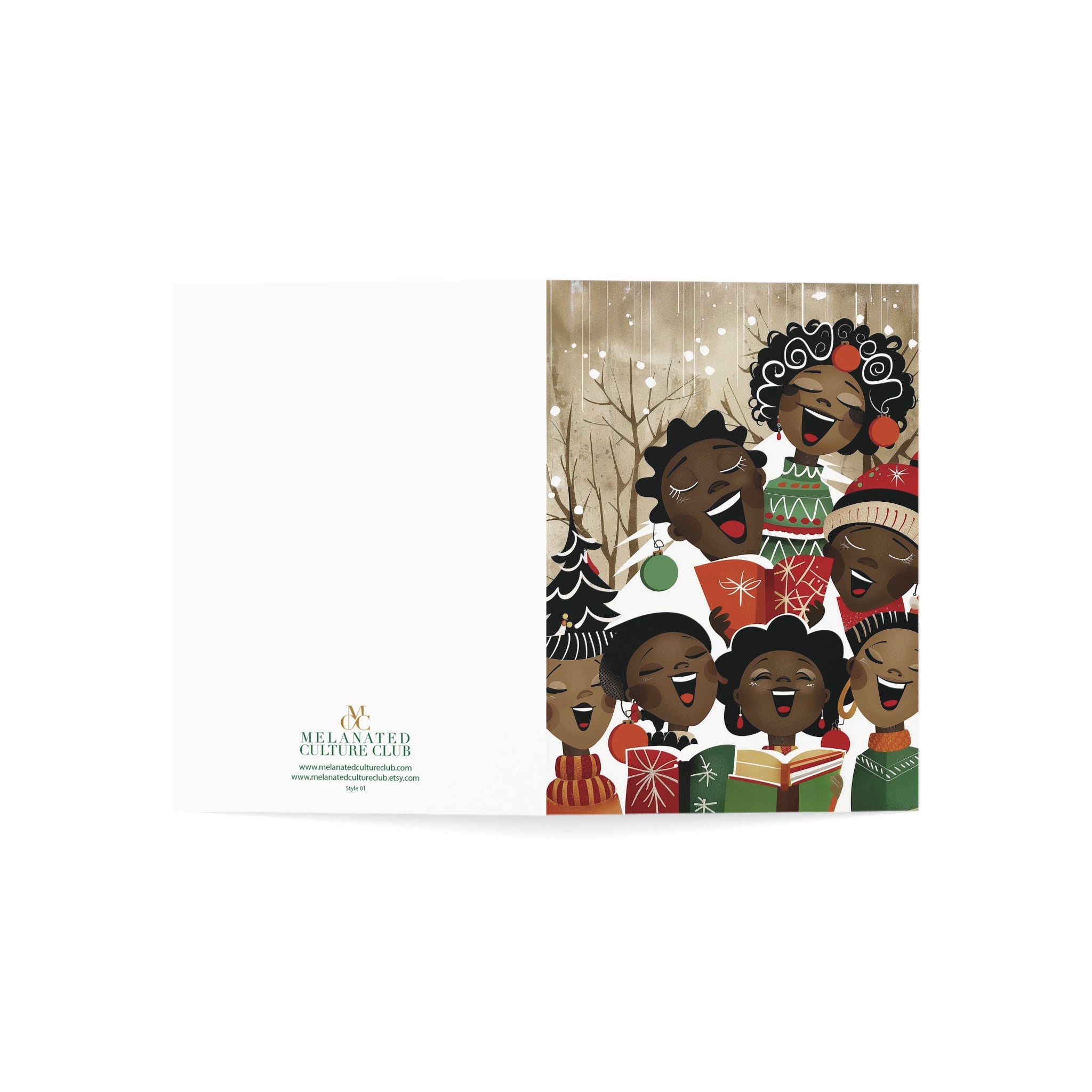 A folded greeting card featuring Black children singing Christmas songs against a plain white background. The left side is white with the brand logo and website.