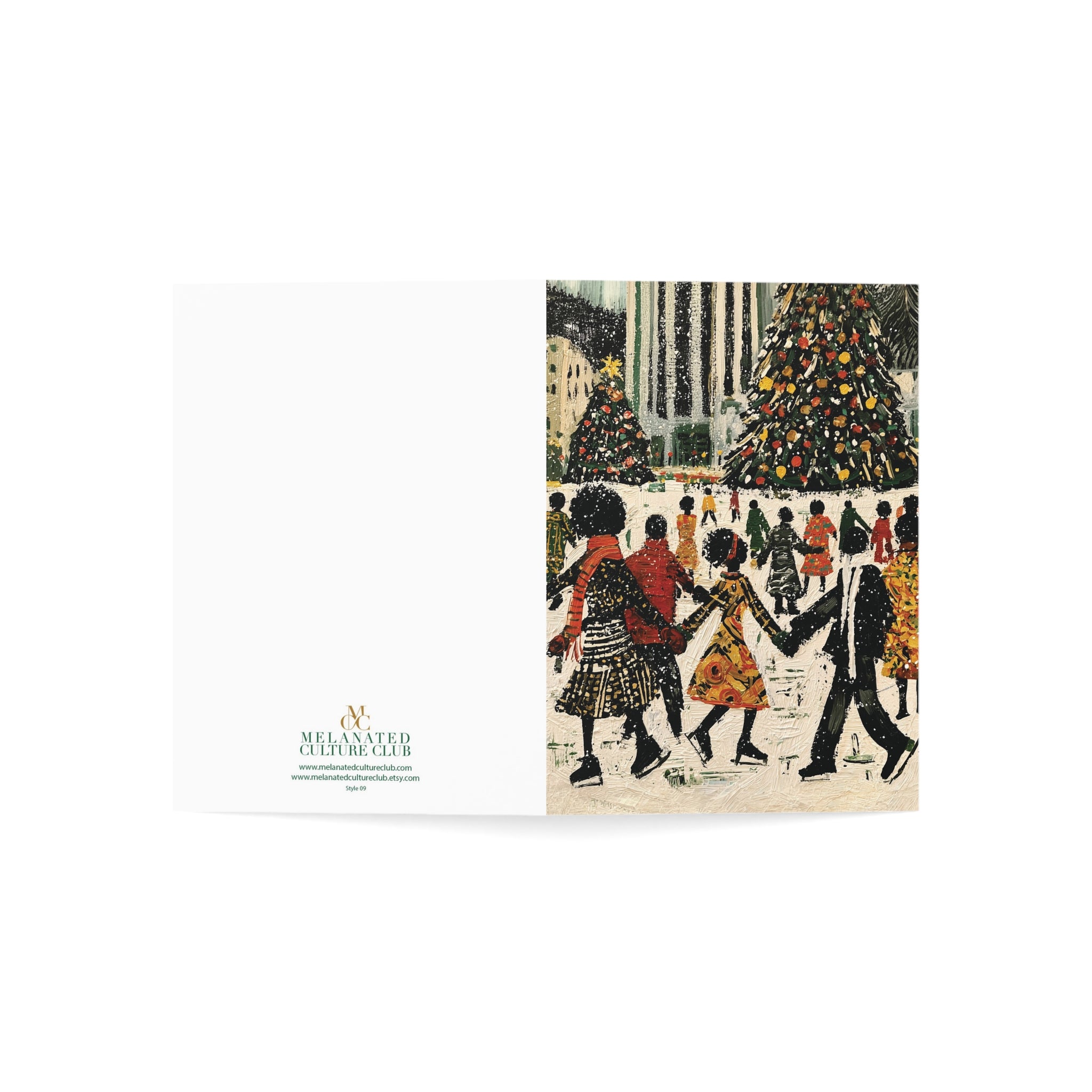 A folded 5x7 greeting card featuring a textured, folk-art style illustration of Black people ice skating at the Rockefeller Center in New York City in the snow around Christmas trees, shown standing upright on a white background.