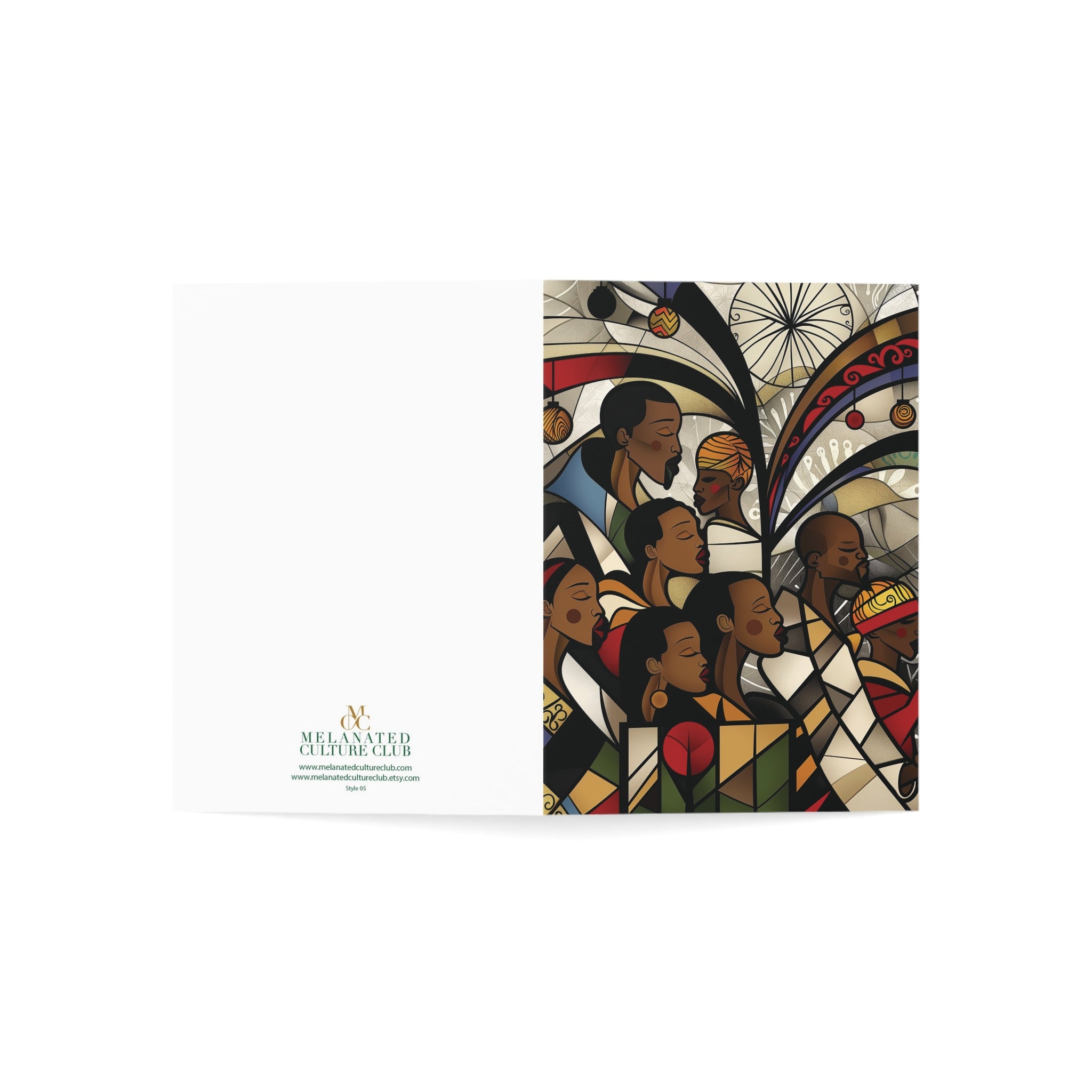 Front and back view of Vertical 5x7 African American Christmas card featuring a joyful Black choir in an artistic stained glass-inspired design.