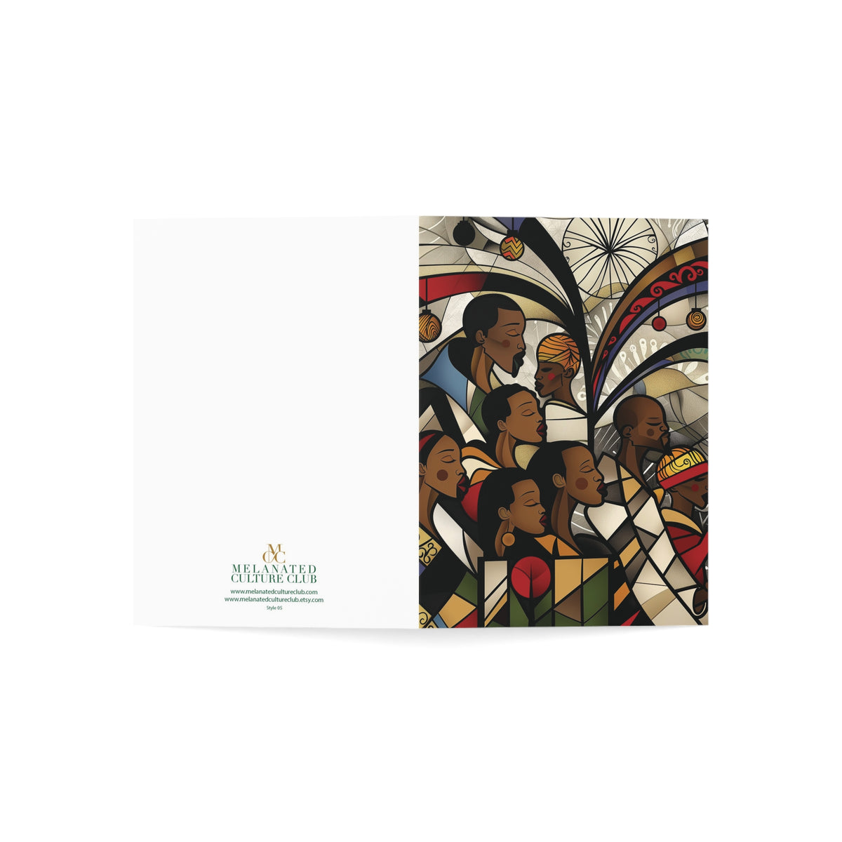 Front and back view of Vertical 5x7 African American Christmas card featuring a joyful Black choir in an artistic stained glass-inspired design.