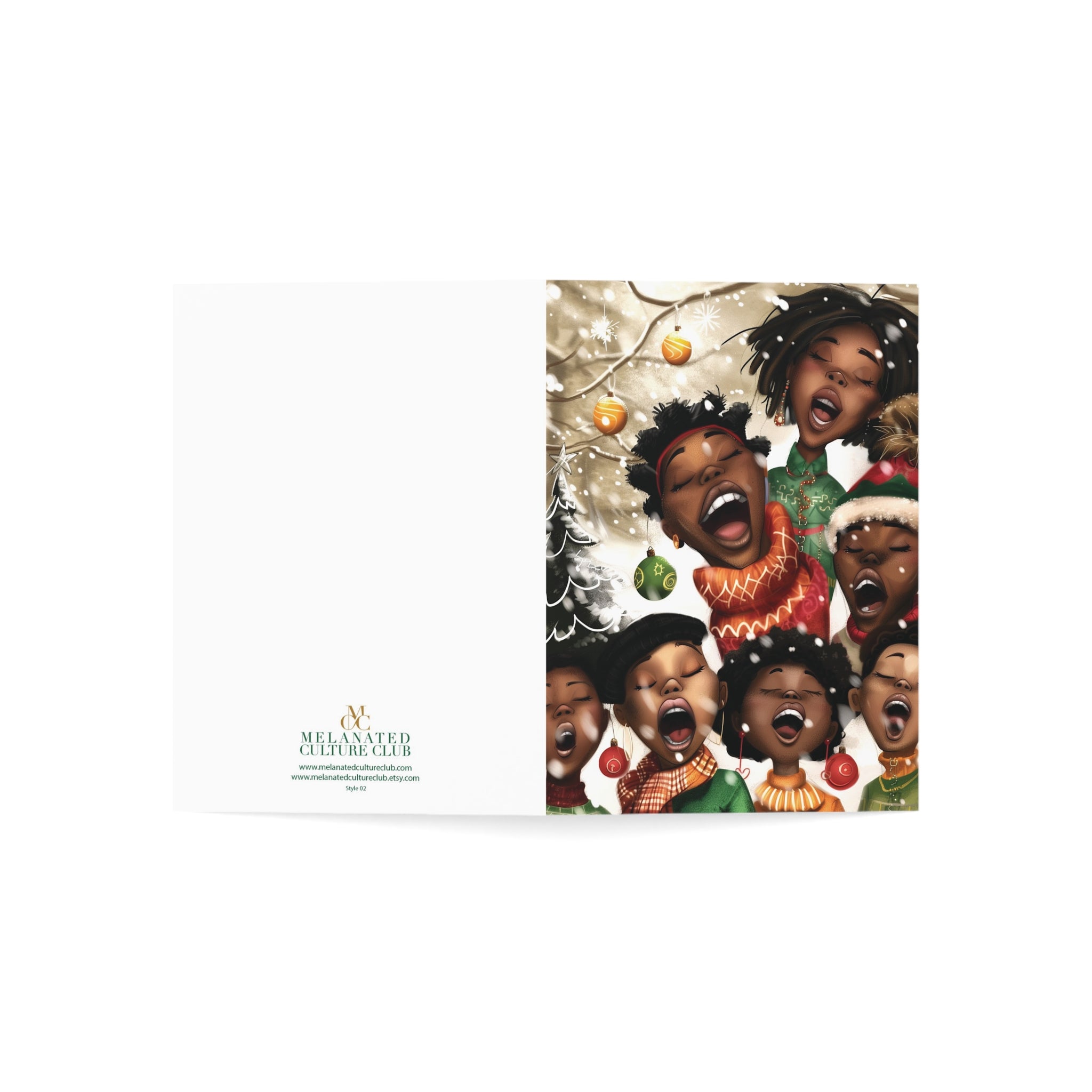 A folded greeting card featuring an illustrated group of Black children singing Christmas carols, shown against a plain white background.
