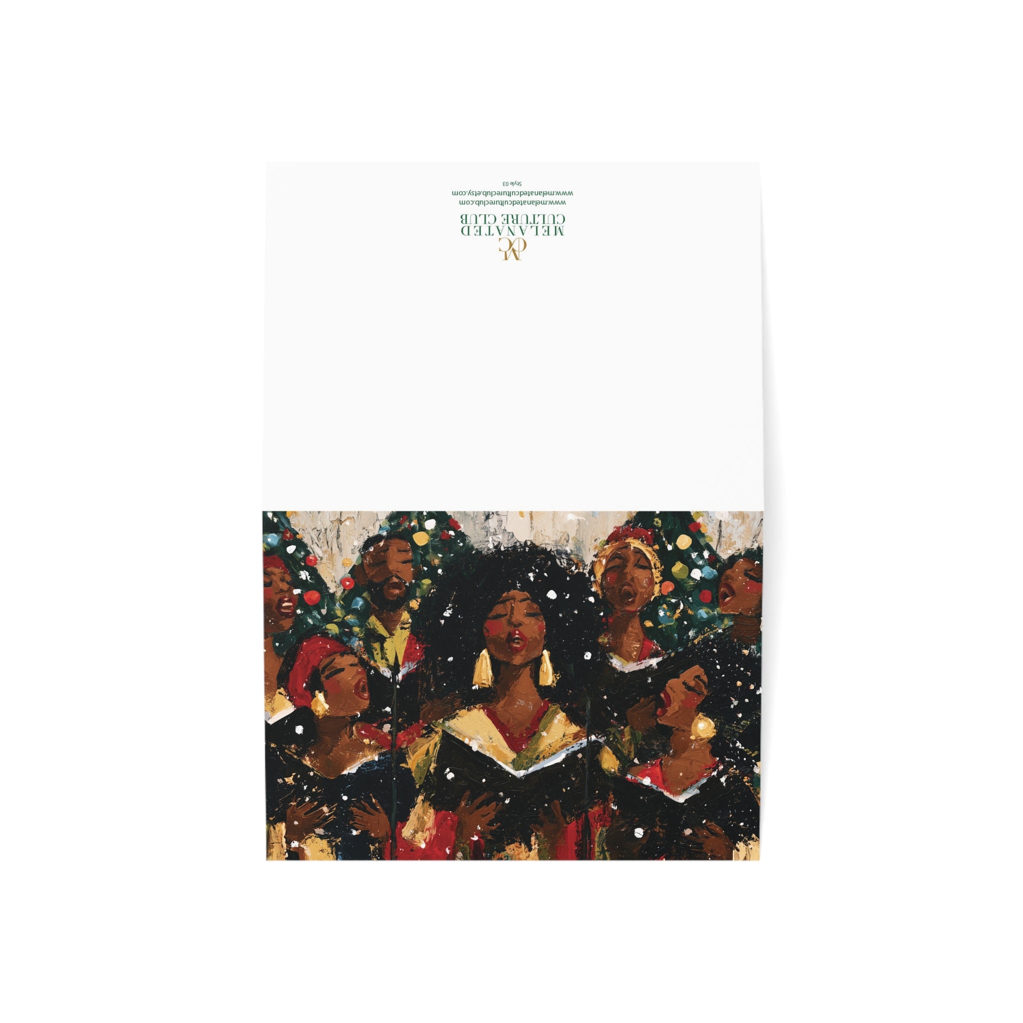 A horizontal Afrocentric Christmas greeting card featuring Black choir singers joyfully singing together in celebration of the Christmas holiday season. Card is displayed opened against a white background, showing both front and back views.