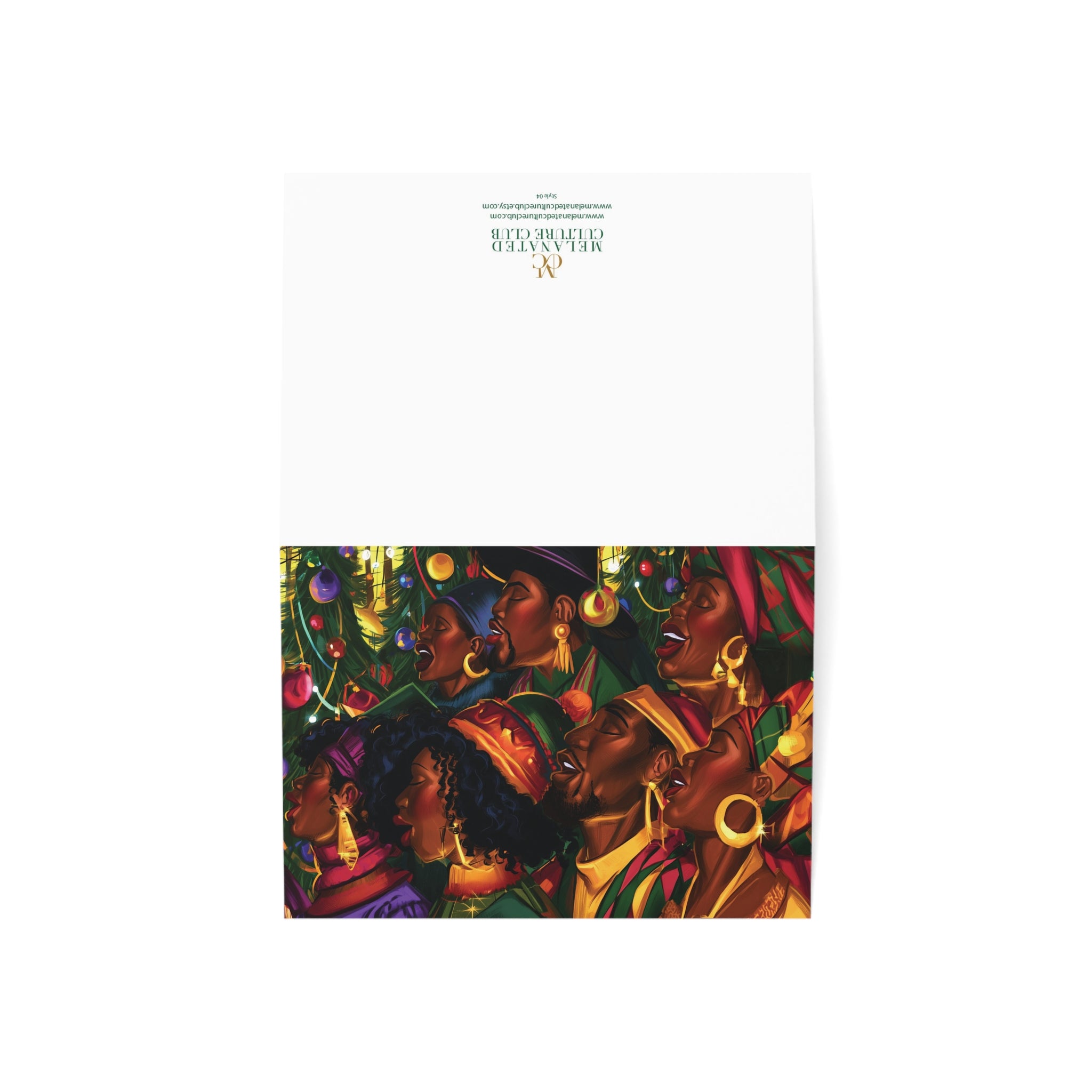 A horizontal Afrocentric Christmas greeting card featuring Black choir singers joyfully singing together in celebration of the Christmas holiday season. Card is displayed opened against a white background, showing both front and back views.
