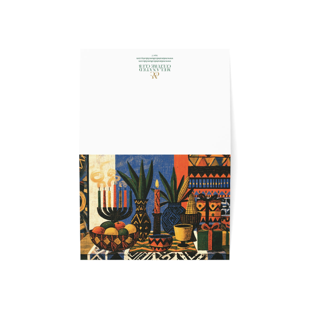 A front and back view of this Afrocentric Kwanzaa holiday greeting card celebrating Black heritage, African American culture, family, unity, community, and the Seven Principles of Kwanzaa.  Back view shows brand logo.