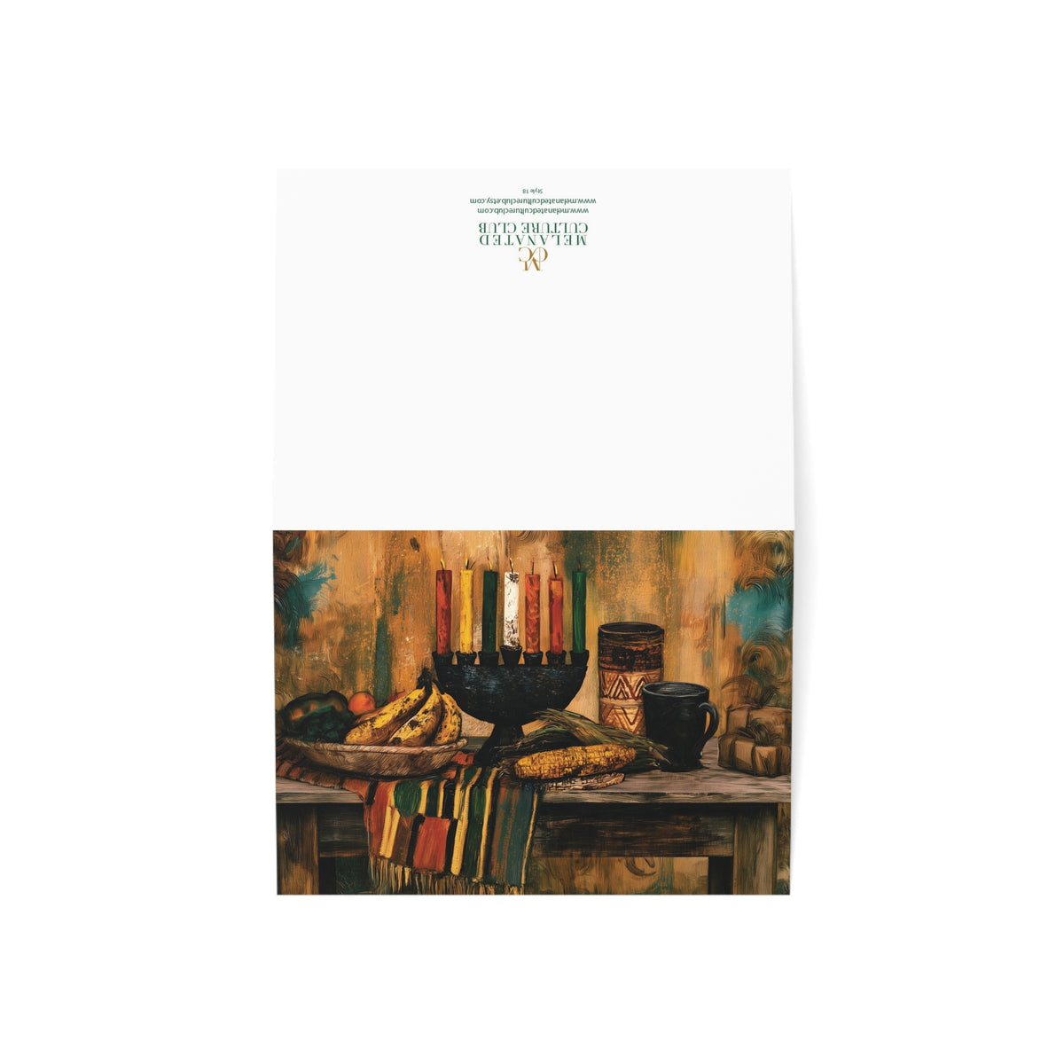 A front and back view of this Afrocentric Kwanzaa holiday greeting card celebrating Black heritage, African American culture, family, unity, community, and the Seven Principles of Kwanzaa.  Back view shows brand logo.