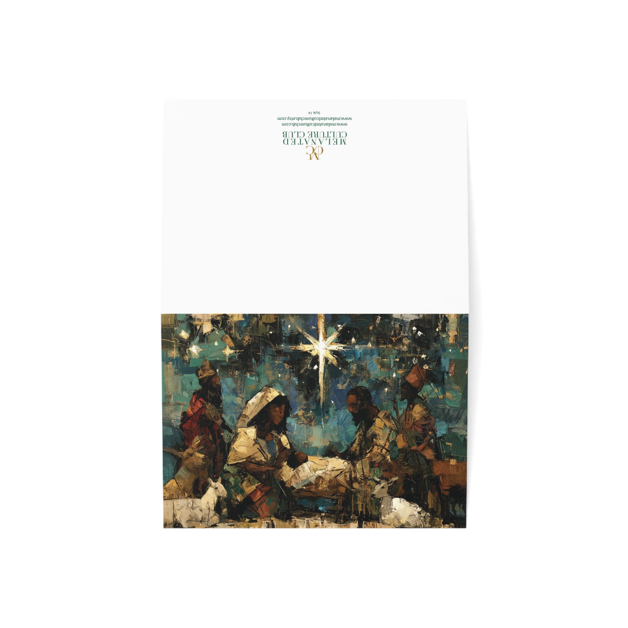 A front and back view of a Christmas greeting card featuring a colorful, stylized nativity scene with Black Baby Jesus, Mary, Joseph, Wise men and barn animals with a bright star in the night sky, placed against a clean white background.
