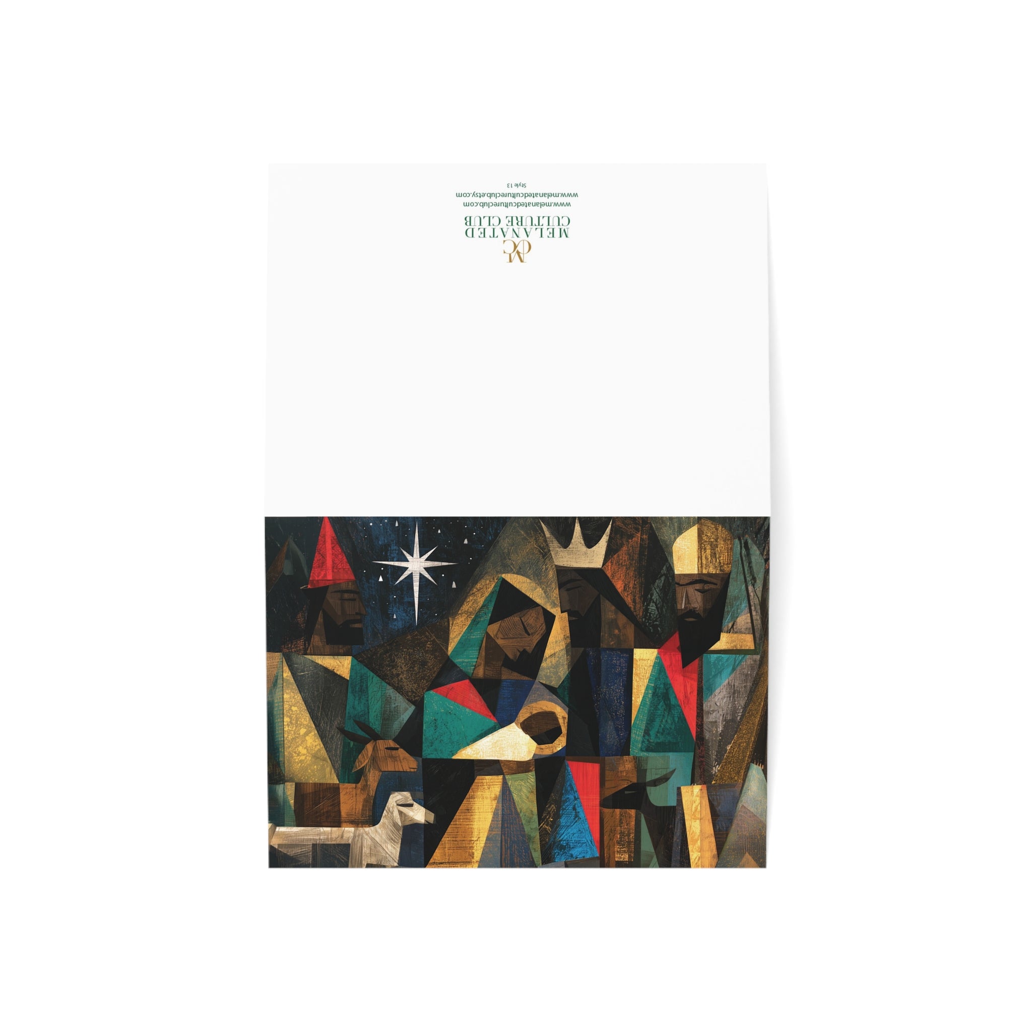 A front and back view of a Christmas greeting card featuring a colorful, stylized nativity scene with Black Baby Jesus, Mary, Joseph, Wise men and barn animals with a bright star in the night sky, placed against a clean white background.