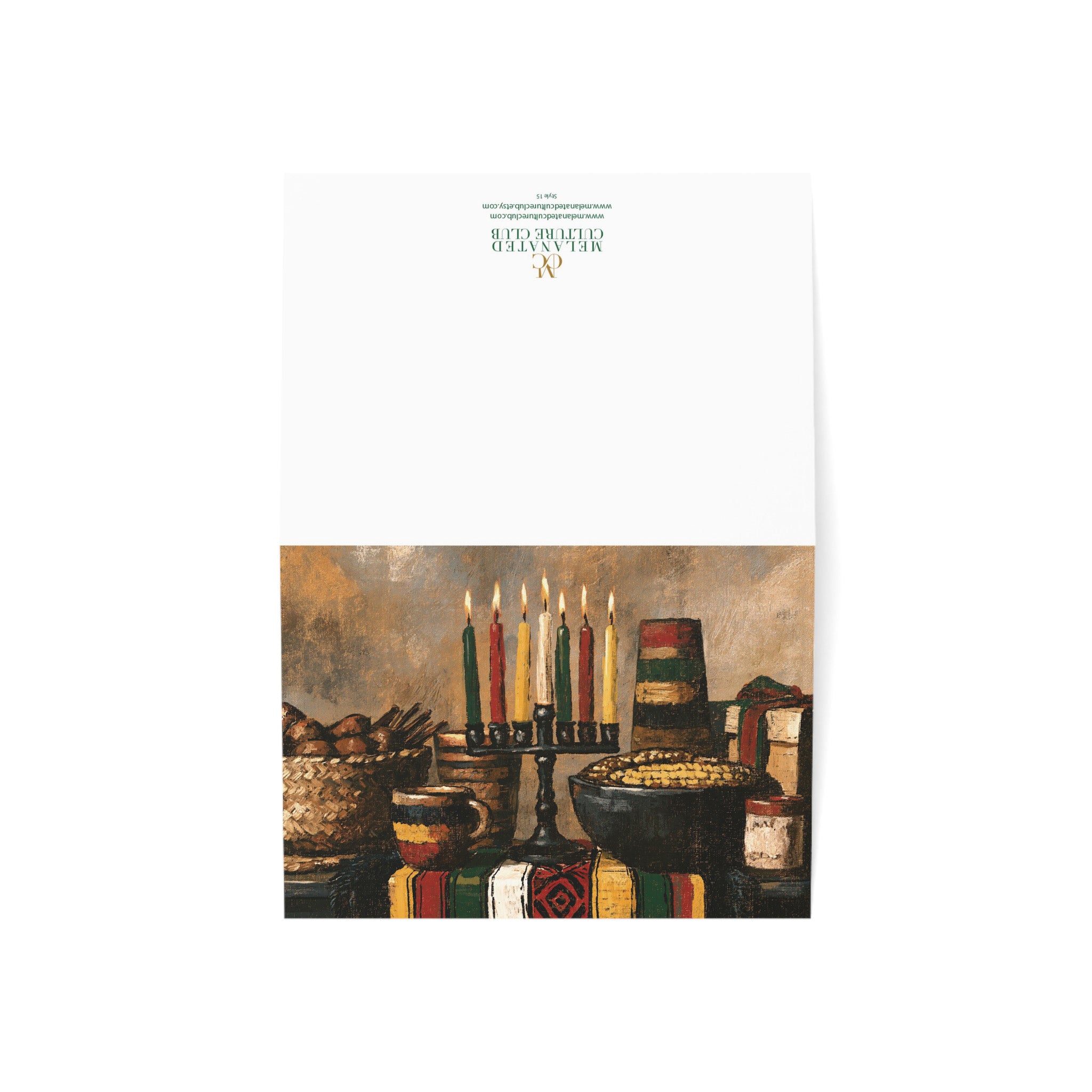 A front and back view of this Afrocentric Kwanzaa holiday greeting card celebrating Black heritage, African American culture, family, unity, community, and the Seven Principles of Kwanzaa.  Back view shows brand logo.