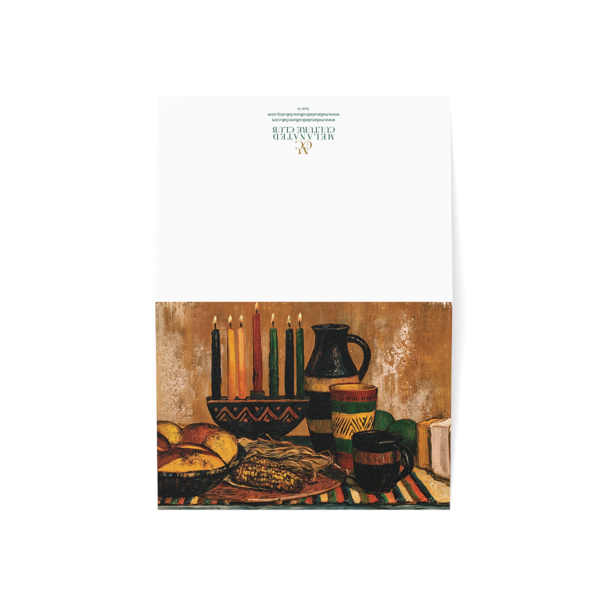 A front and back view of this Afrocentric Kwanzaa holiday greeting card celebrating Black heritage, African American culture, family, unity, community, and the Seven Principles of Kwanzaa.  Back view shows brand logo.