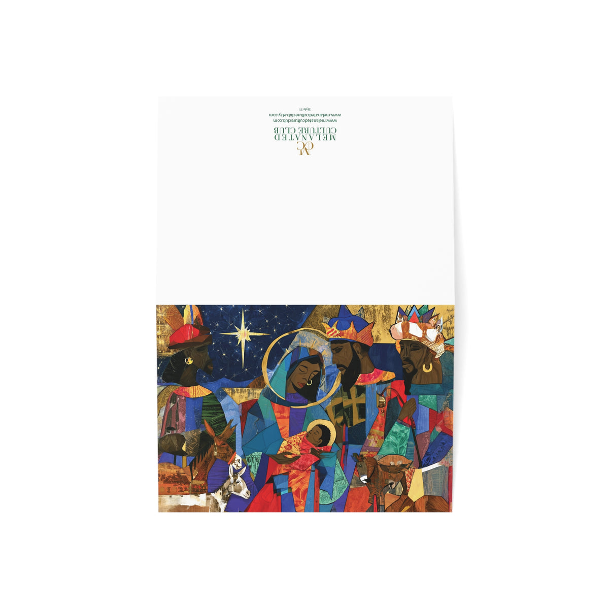A front and back view of a Christmas greeting card featuring a colorful, stylized nativity scene with Black Jesus, Mary, Joseph, Wise men and barn animals with a bright star in the night sky, placed against a clean white background.