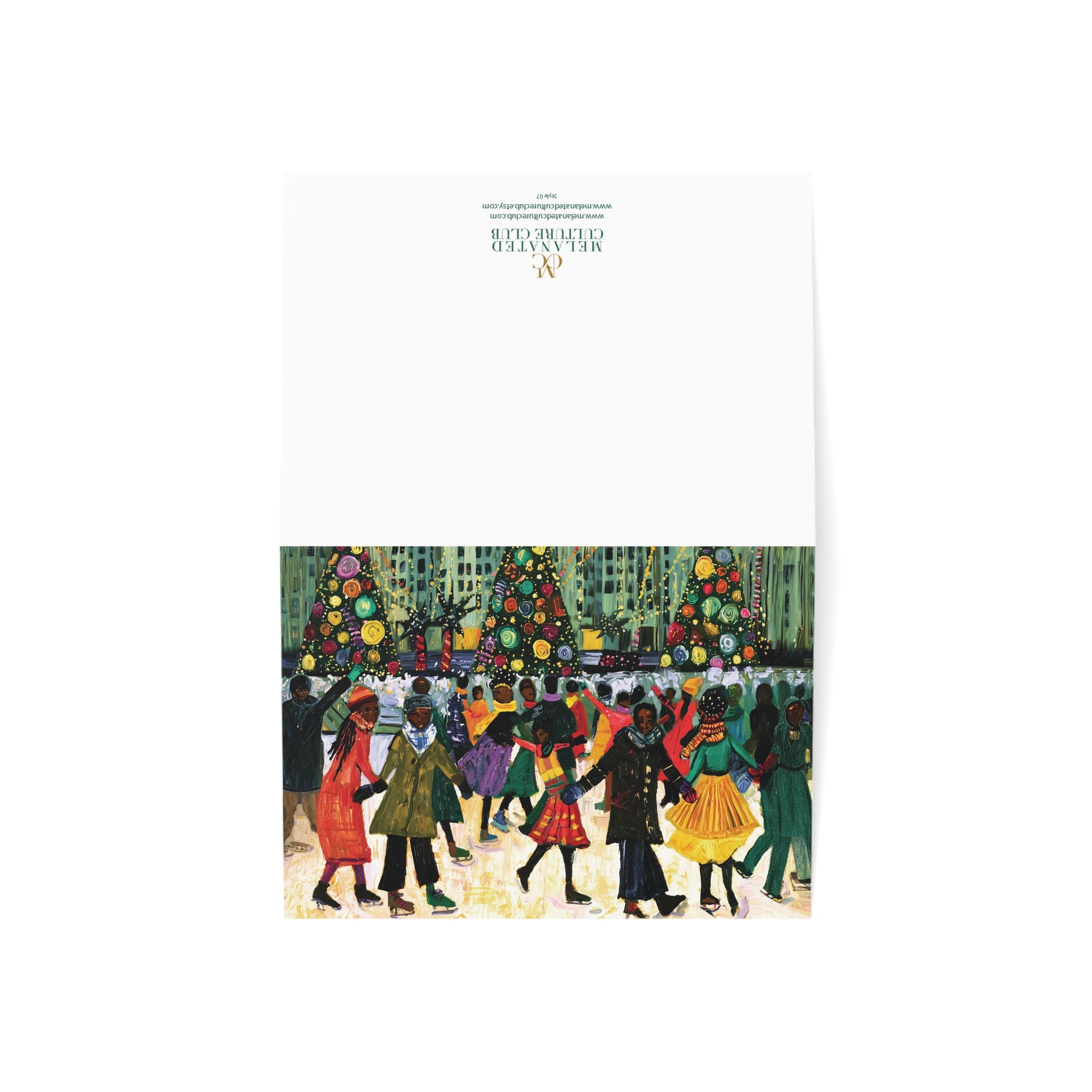 A 5x7 greeting card featuring a textured, folk-art style illustration of Black people ice skating at the Rockefeller Center in New York City with Christmas trees in the background, shown flat with front and back sides on a white background.