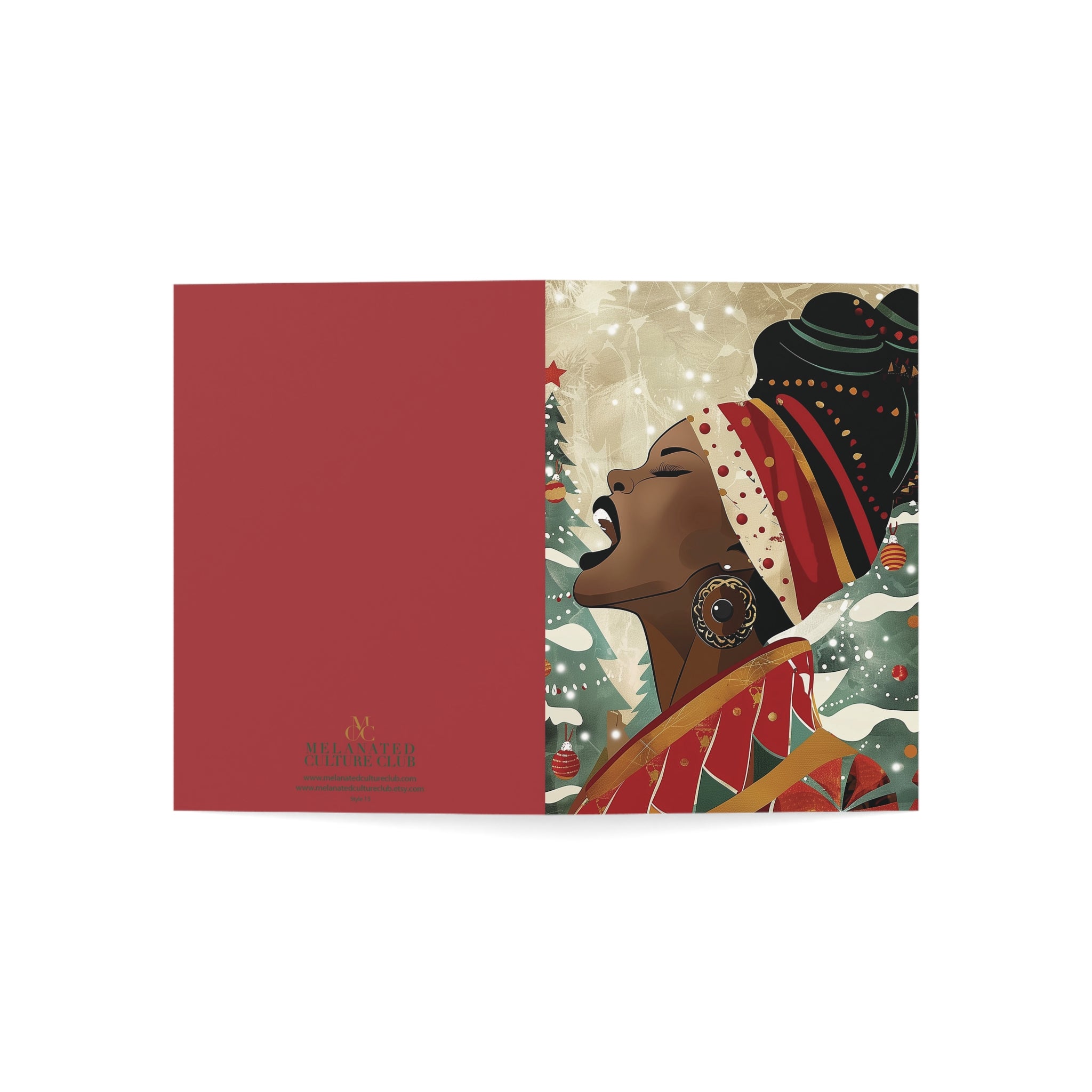 Black Woman Singer Christmas Card featuring a joyful Afrocentric holiday design of a Black woman singing, available as a single card or multipack with white envelopes.