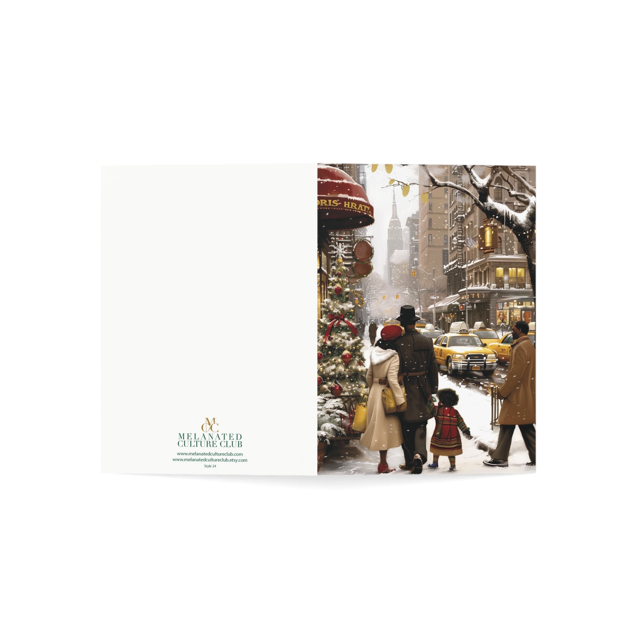 African American Family Christmas Card featuring a stylish Black family holiday shopping in New York City, Afrocentric holiday greeting card available as single or multipack with white envelopes.