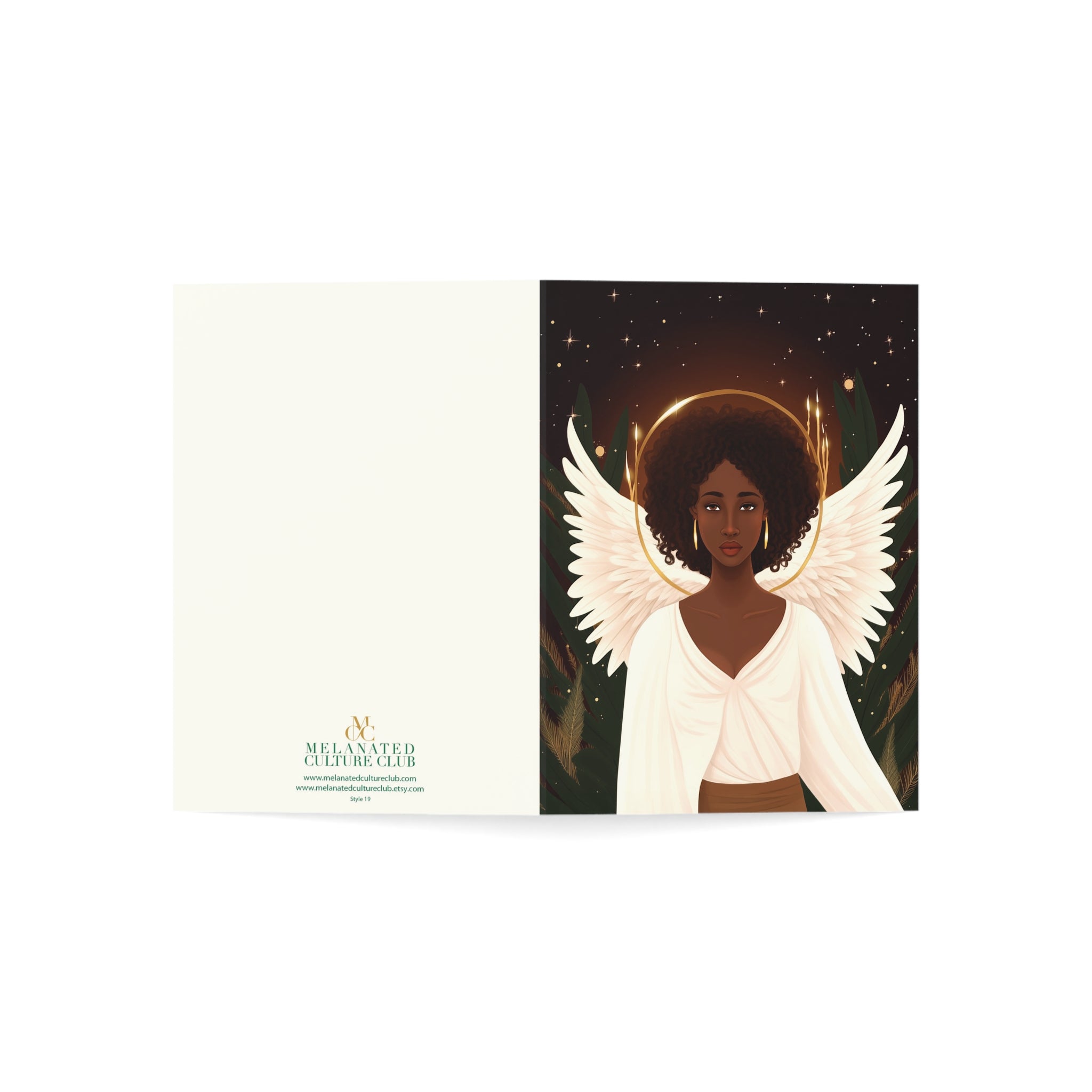 Black Woman Angel Holiday Greeting Card featuring an elegant African American angel illustration, available as a single card or multipack with envelopes.