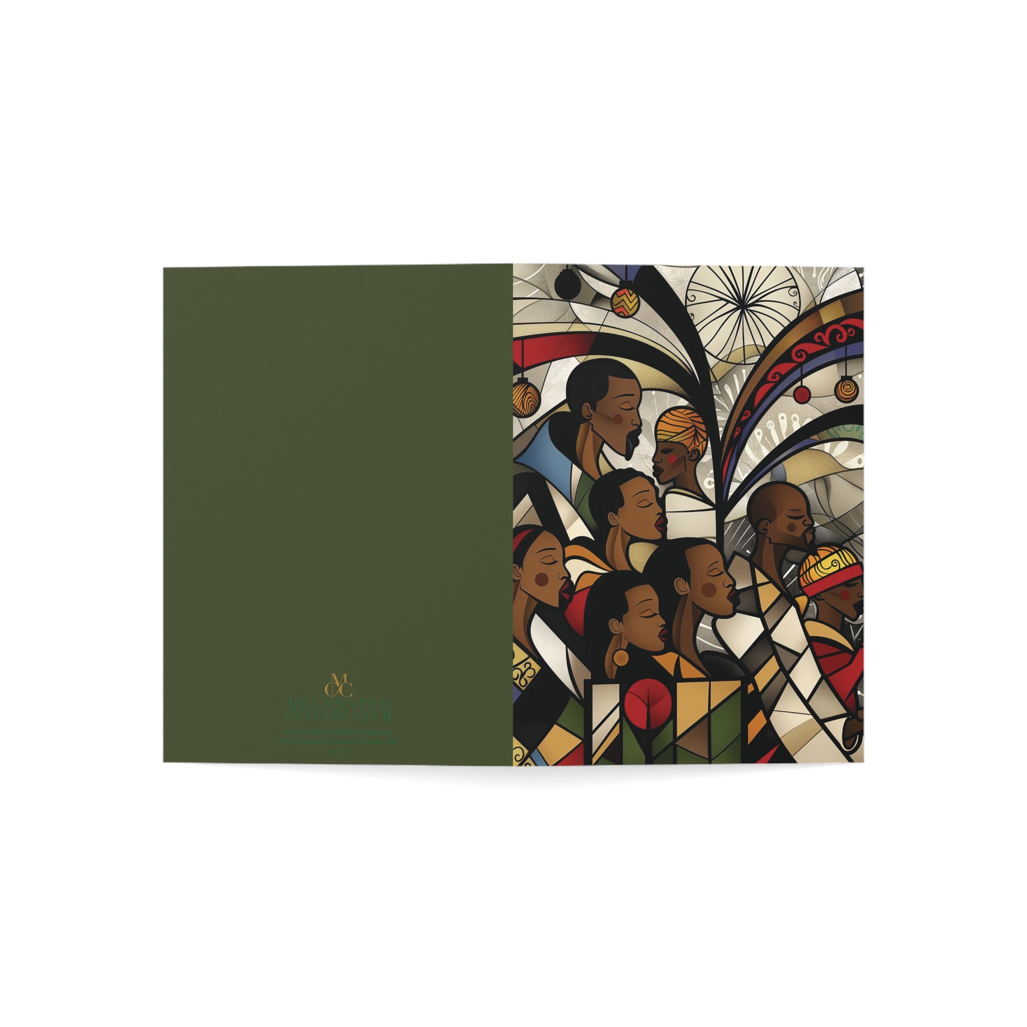 Black Christmas Choir Christmas Card featuring Afrocentric stained glass design of an African American choir singing joyfully, available as a single card or multipack with white envelopes.