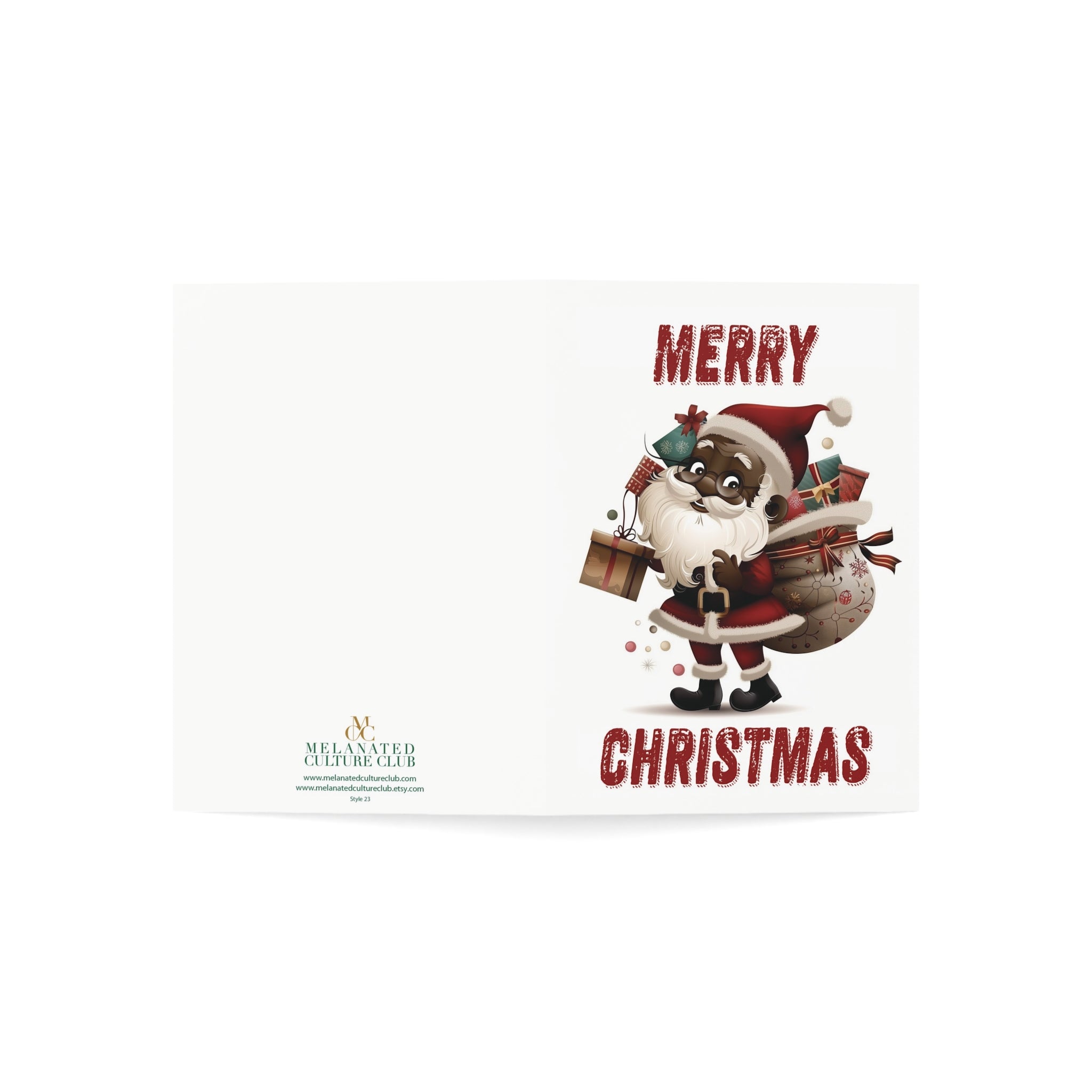 African American Santa Christmas Card – Afrocentric holiday greeting featuring a Black Santa Claus design, festive Christmas card with envelope.