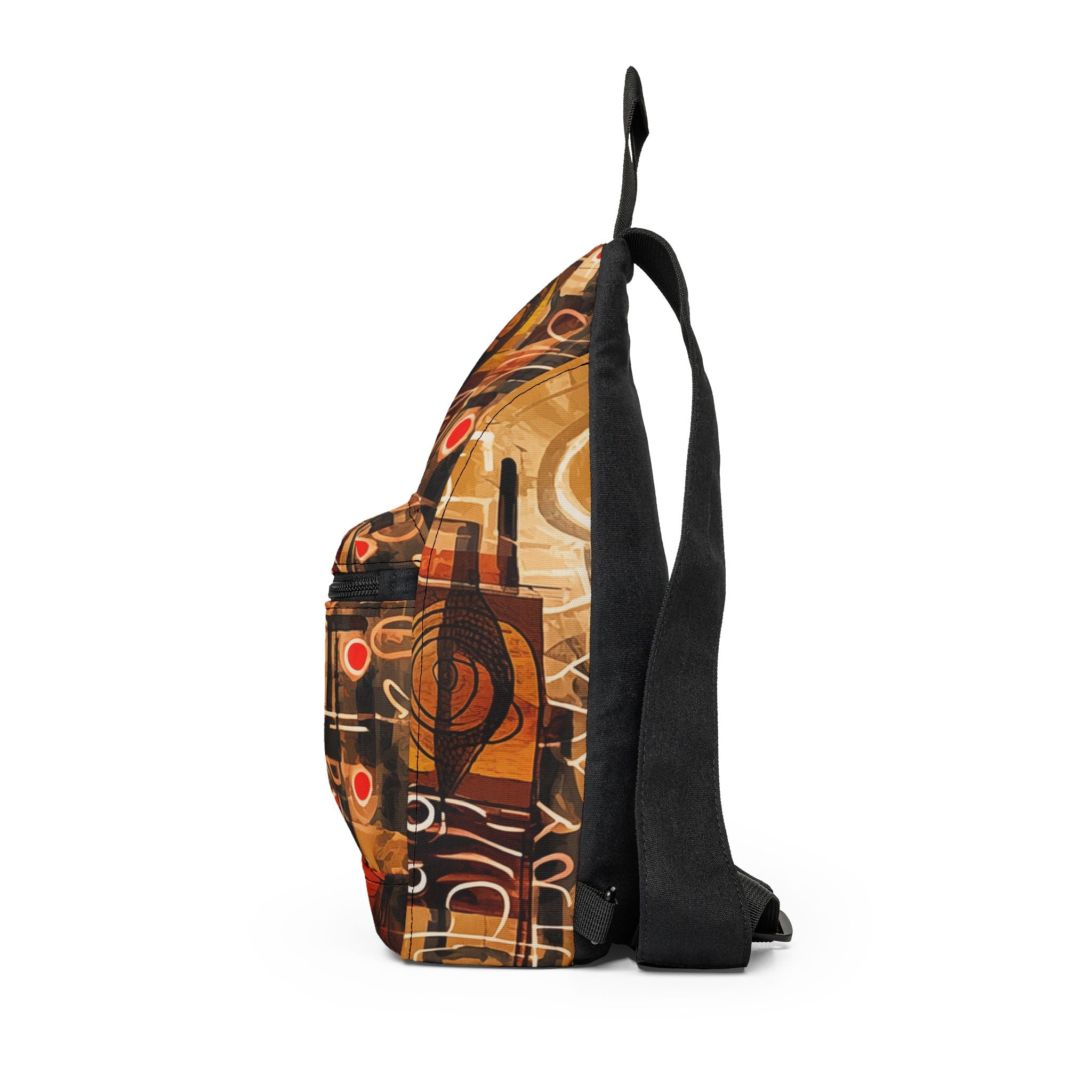 Colorful abstract Afrocentric crossbody sling bag featuring vibrant collage art with bold geometric shapes, layered textures, rich colors, and contemporary cultural-inspired design.