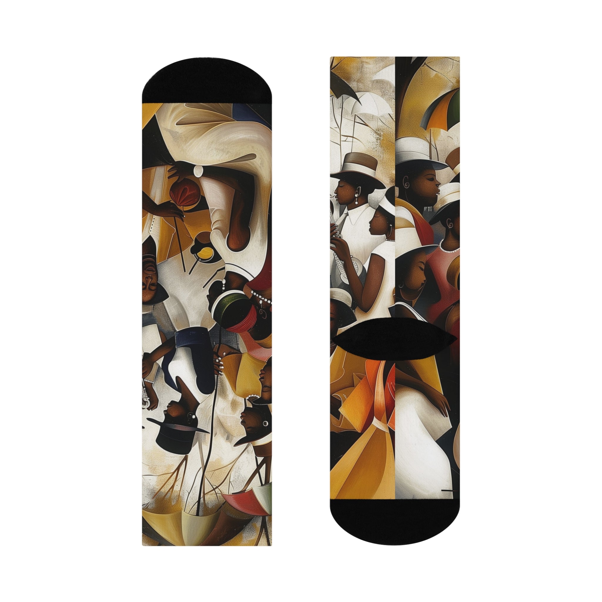 Juneteenth picnic crew socks featuring Afrocentric art of a joyful Picnic in the Park celebration, symbolizing Black culture, freedom, and community.