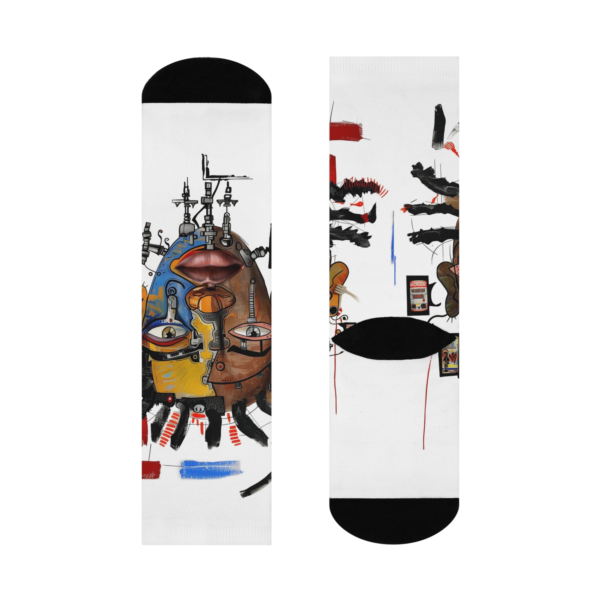 Abstract Afrocentric crew socks featuring a continuous calf wrap print of a Black man with a split human and robot face in an Afrofuturism art style, with black heel and toe panels. Series 03