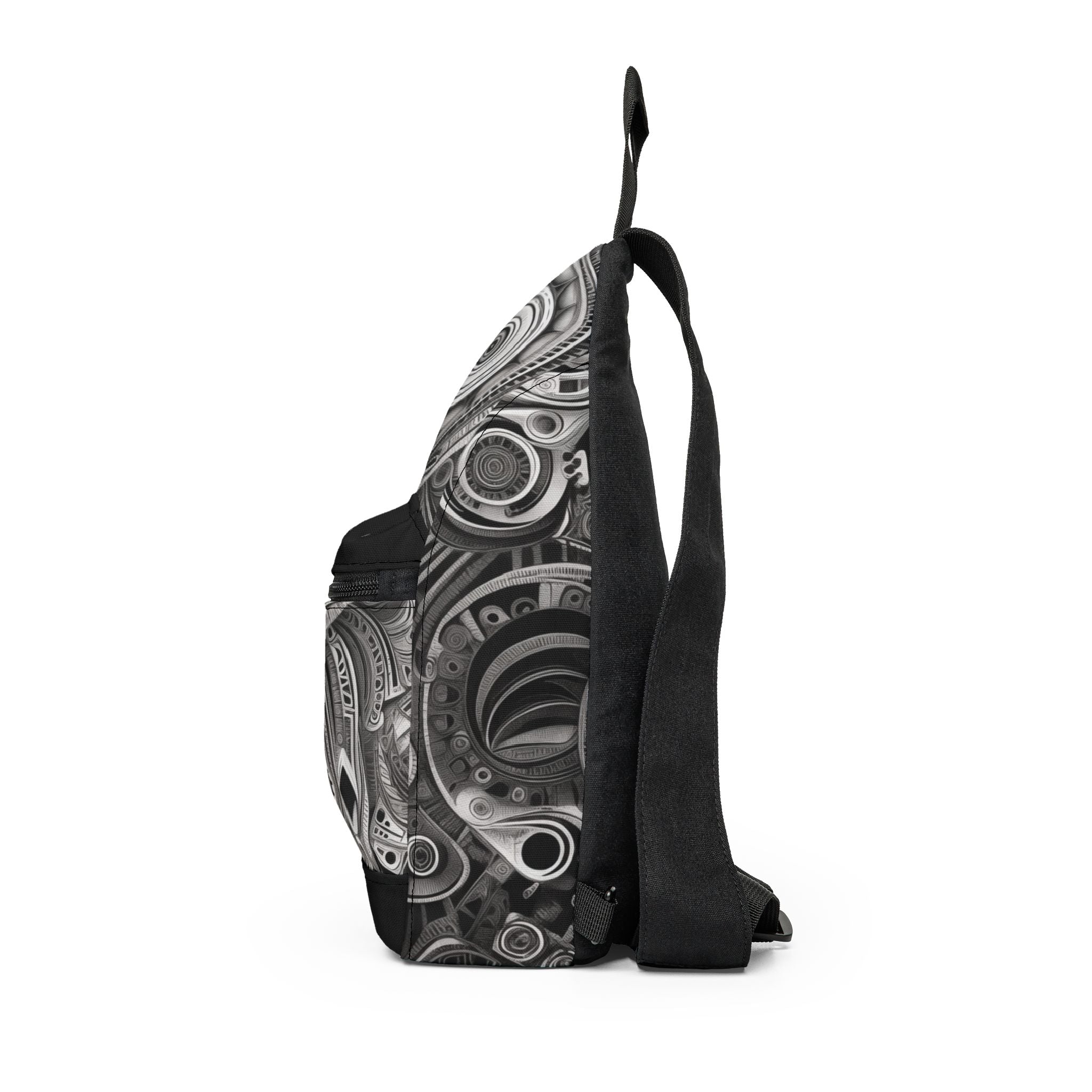 Black and white abstract Afrofuturism crossbody sling bag featuring futuristic geometric artwork, bold monochrome patterns, cultural design elements, and contemporary wearable art styling.