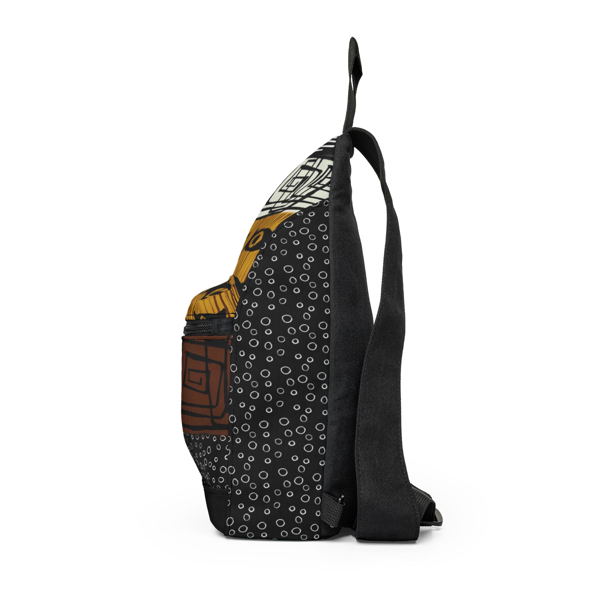 Mud cloth pattern crossbody sling bag featuring traditional African-inspired geometric designs in black and white, stylish Afrocentric travel accessory for everyday use.