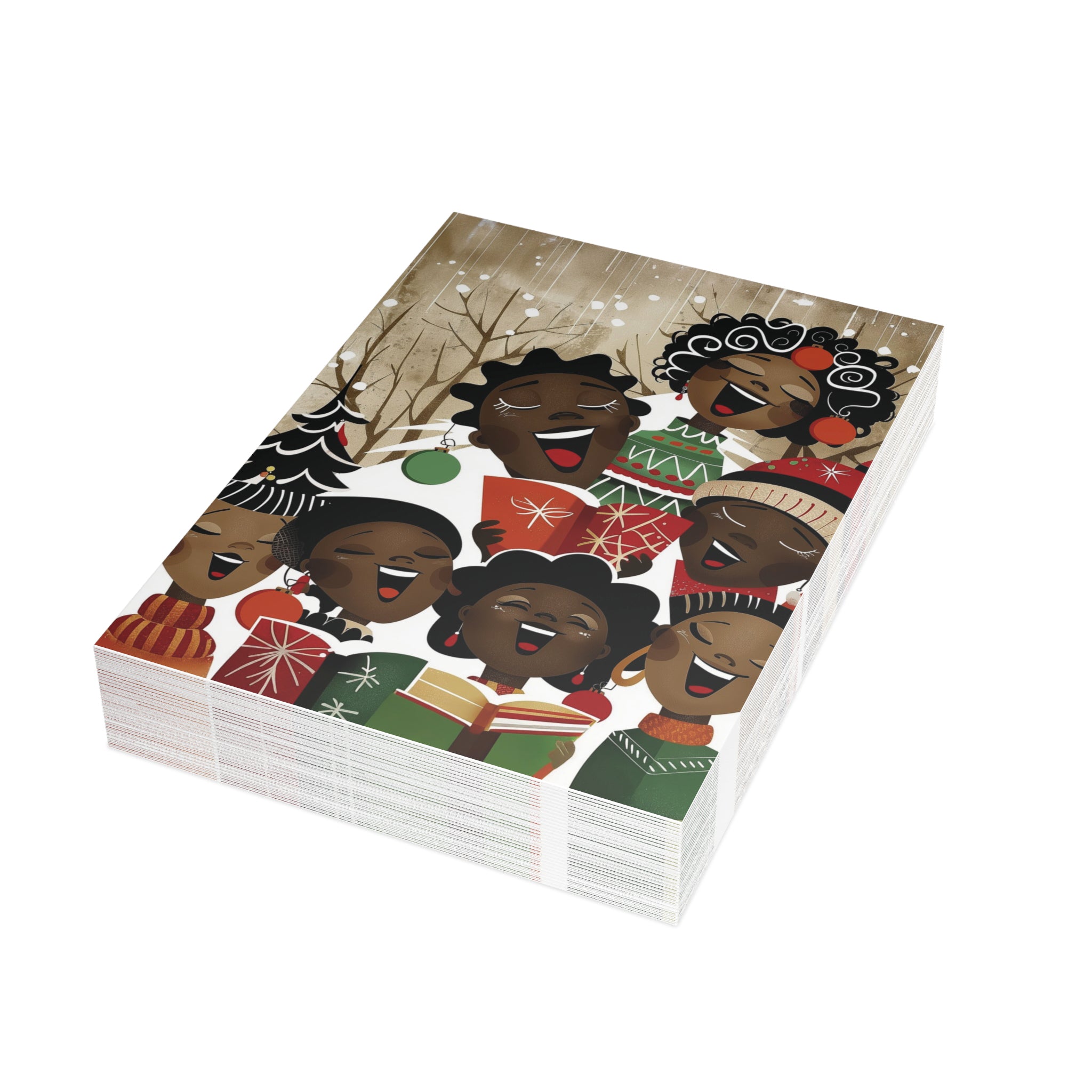 A stack of greeting cards featuring a festive illustration of Black children singing and celebrating around Christmas trees and ornaments, shown on a plain white background.  Qty 30