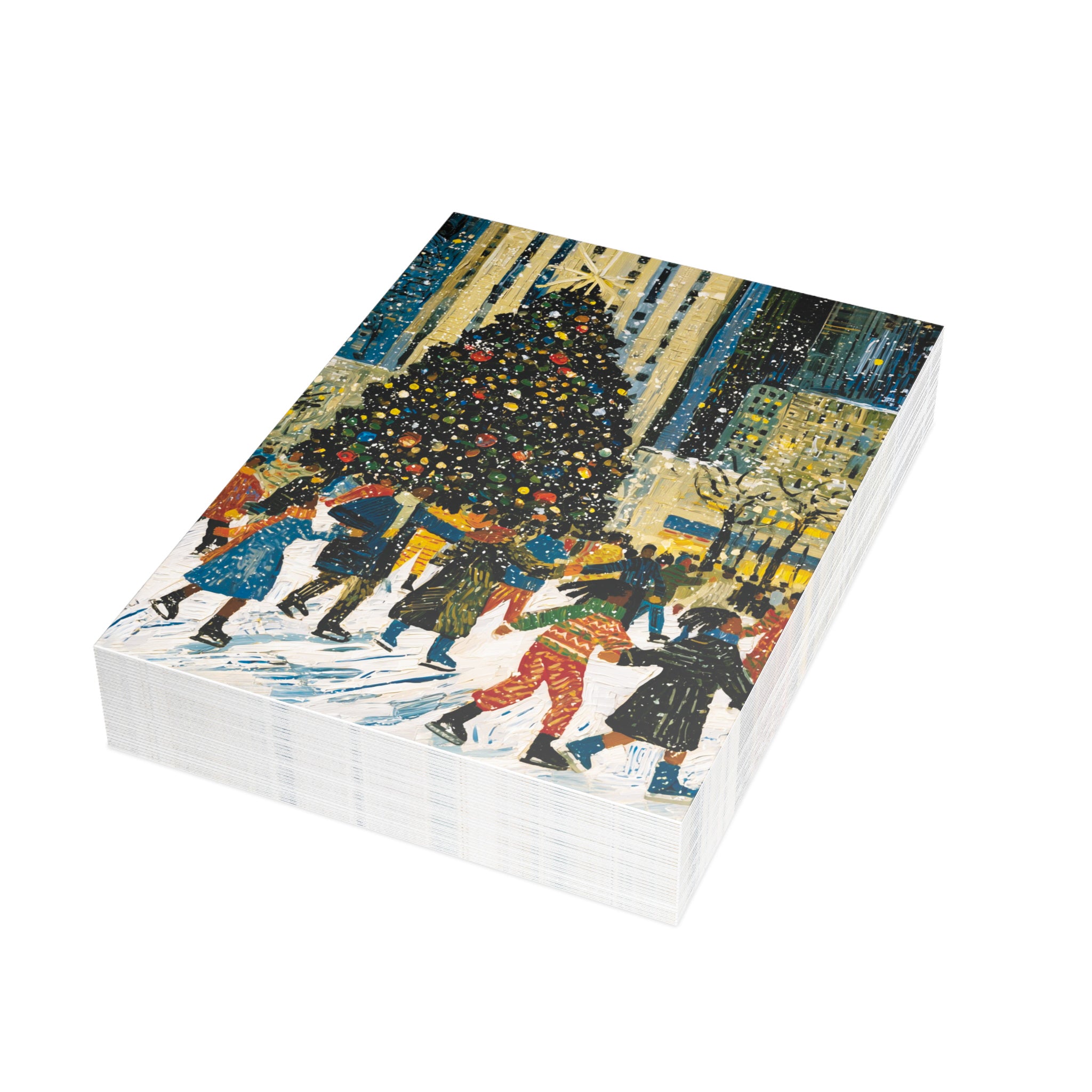 A stack of Christmas greeting cards showing an illustration of Black children ice skating at the Rockefeller Center skating around a decorated Christmas tree. Qty 30.