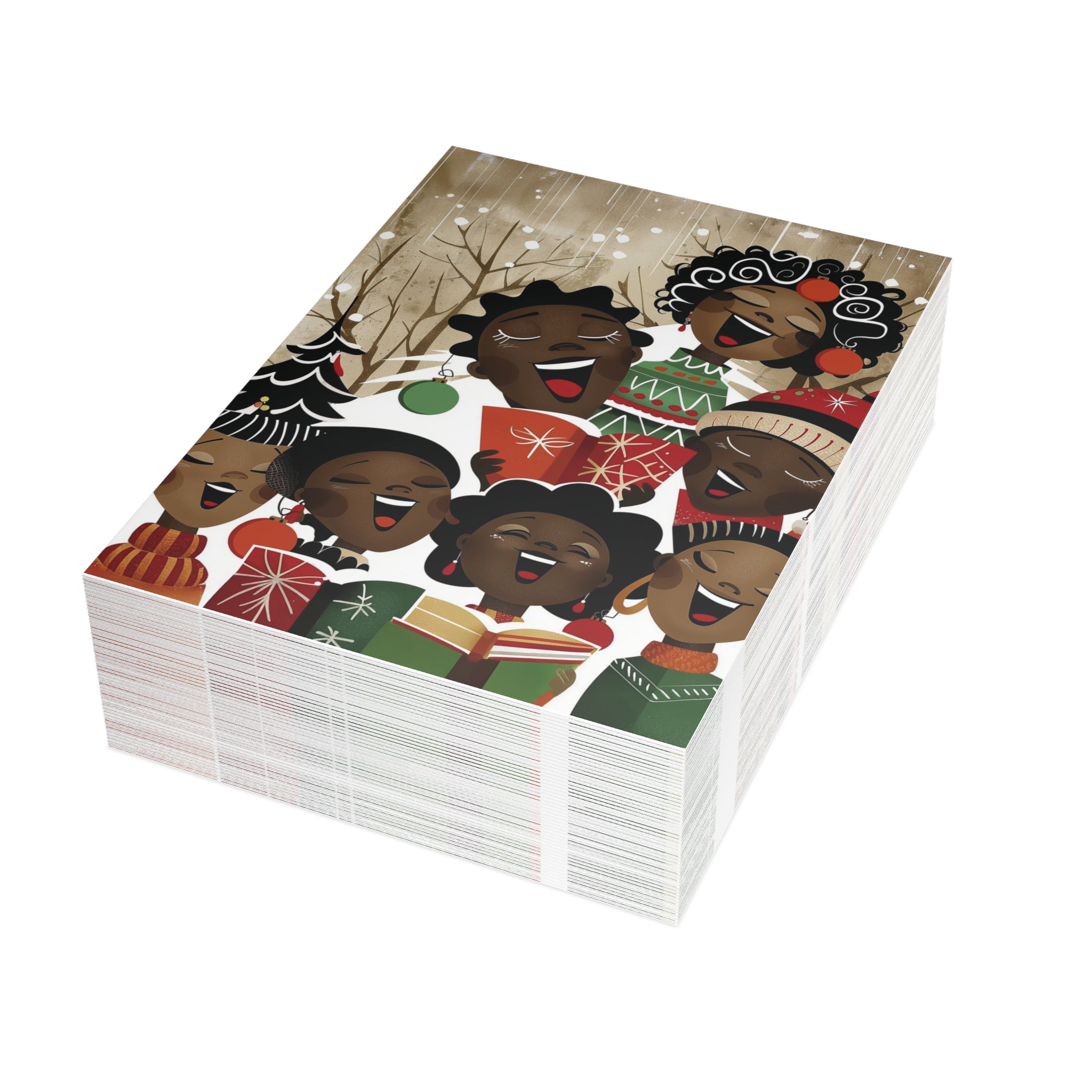 A stack of greeting cards featuring a festive illustration of Black children singing and celebrating around Christmas trees and ornaments, shown on a plain white background.  Qty 50