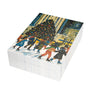 A stack of Christmas greeting cards showing an illustration of Black children ice skating at the Rockefeller Center skating around a decorated Christmas tree. Qty 50.