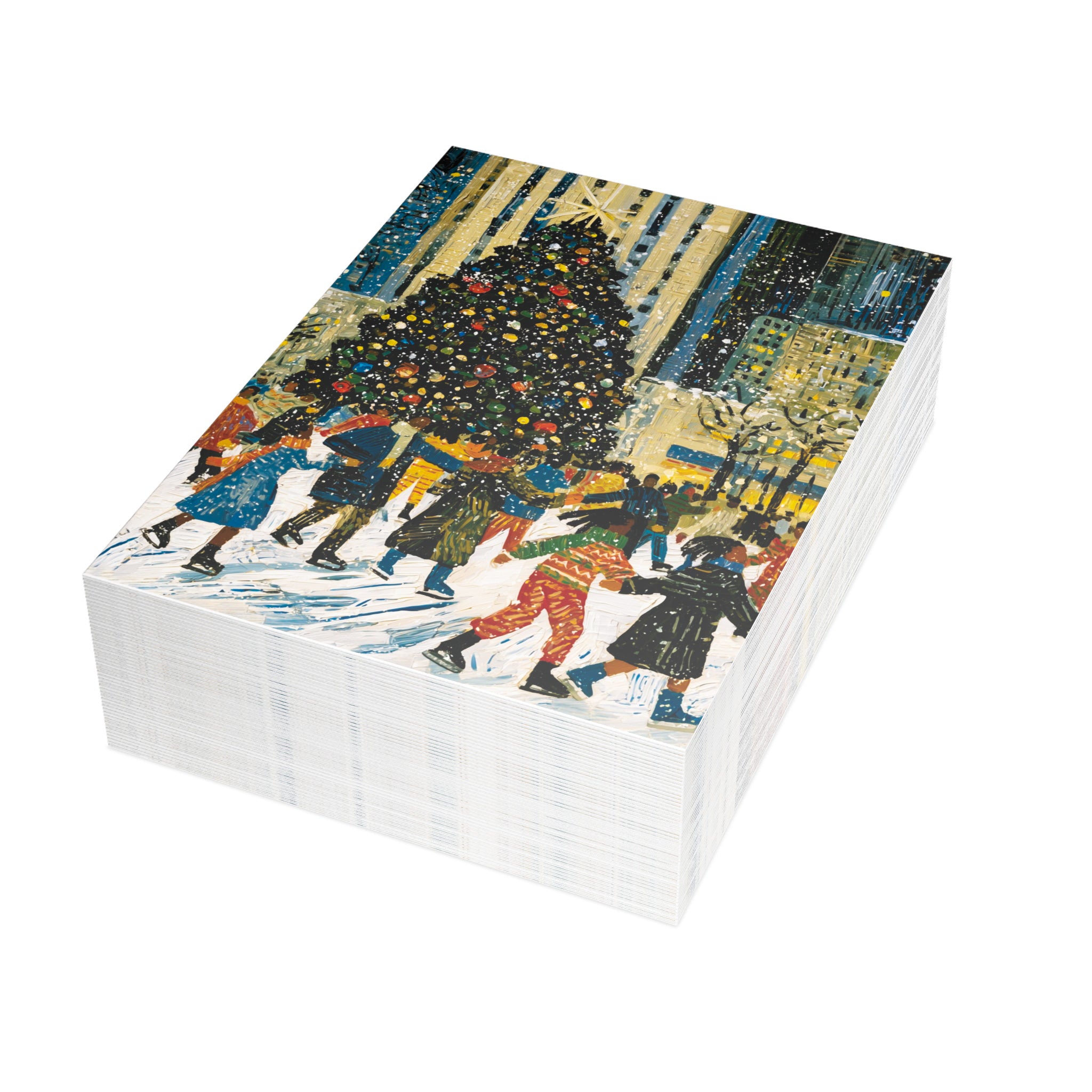 A stack of Christmas greeting cards showing an illustration of Black children ice skating at the Rockefeller Center skating around a decorated Christmas tree. Qty 50.