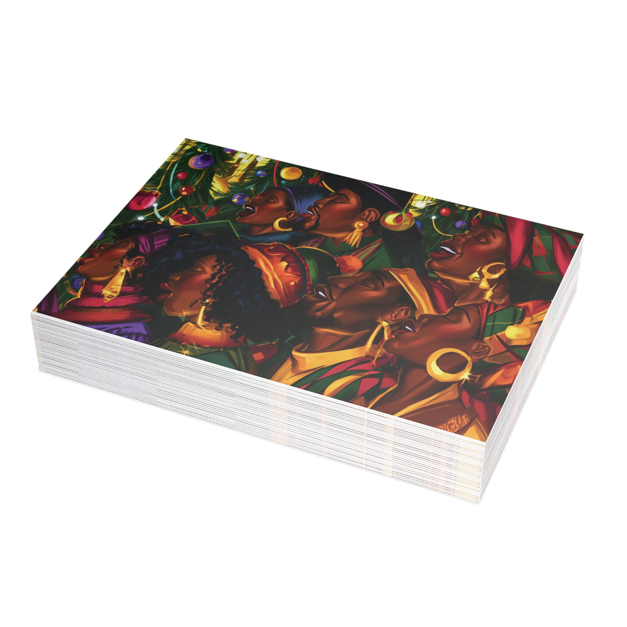 A stack of Afrocentric holiday greeting card featuring a Black choir in black robes, against a white background.  Qty 30 holiday greeting cards.