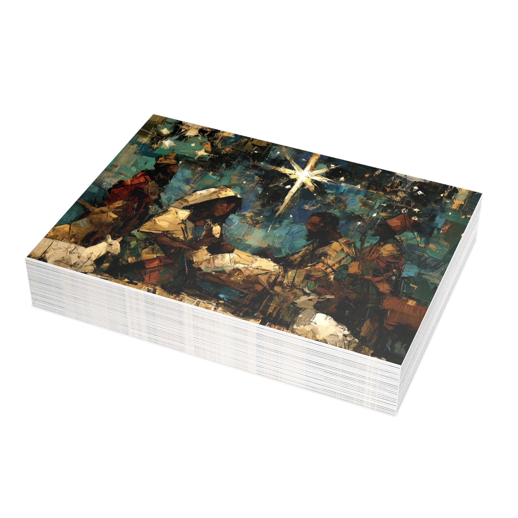 A stack of Christmas greeting cards featuring a colorful, stylized nativity scene with Black Baby Jesus, Mary, Joseph, Wise men and barn animals with a bright star in the night sky. Qty 30