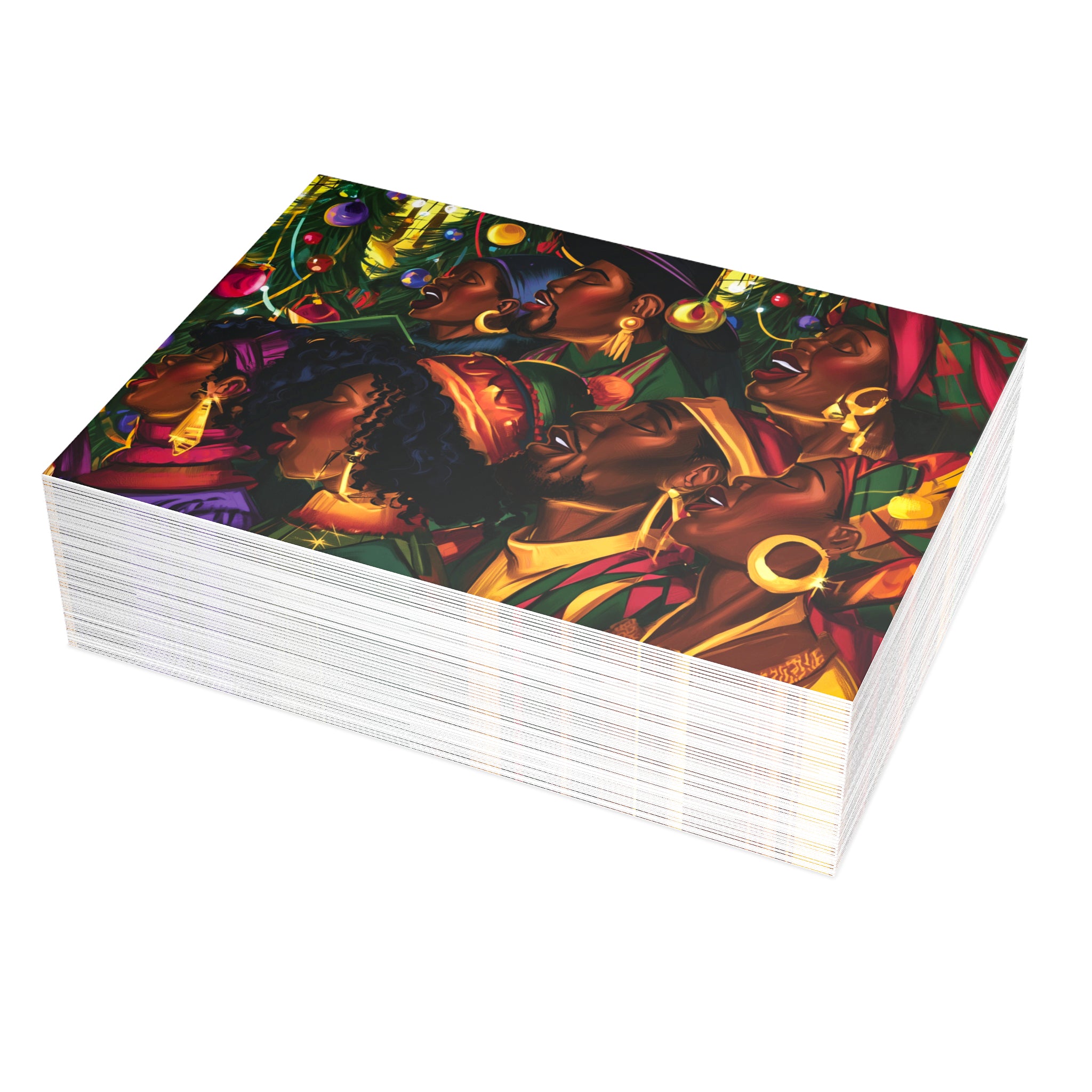 A stack of Afrocentric holiday greeting card featuring a Black choir in black robes, against a white background.  Qty 50 holiday greeting cards.