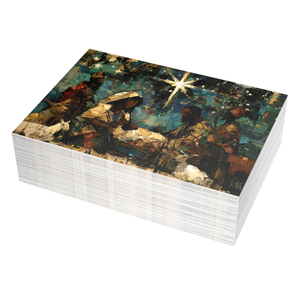 A stack of Christmas greeting cards featuring a colorful, stylized nativity scene with Black Baby Jesus, Mary, Joseph, Wise men and barn animals with a bright star in the night sky. Qty 50