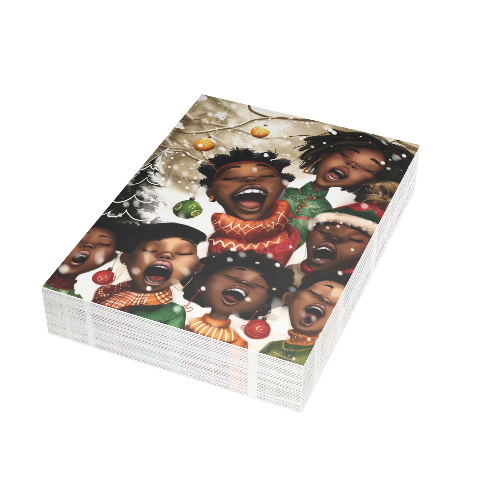 A stack of greeting cards featuring a festive illustration of Black children singing and celebrating around Christmas trees and ornaments, shown on a plain white background.  Qty 30