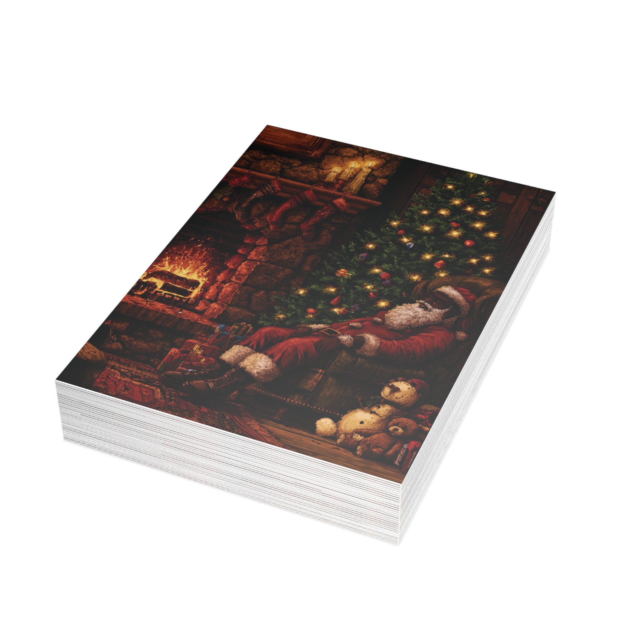 A stack of Christmas greeting cards featuring a cozy Christmas scene with a Black Santa Claus, a lit fireplace, a decorated tree, and teddy bears, photographed on a clean white background.  Qty 30.