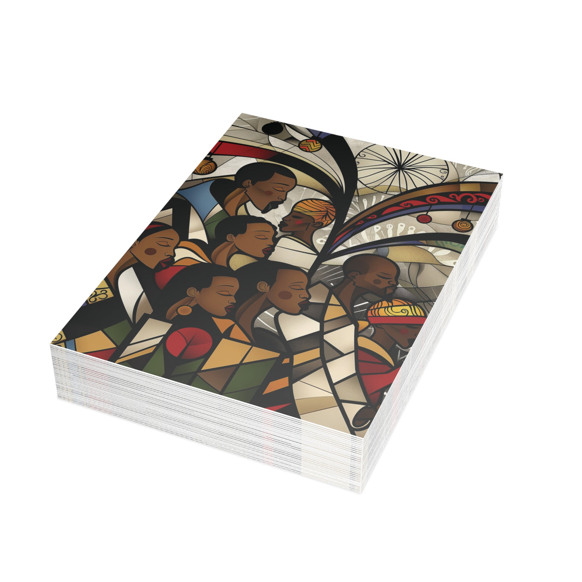 Stack of African American Christmas cards featuring a joyful Black choir in an artistic stained glass-inspired design. Qty 30.