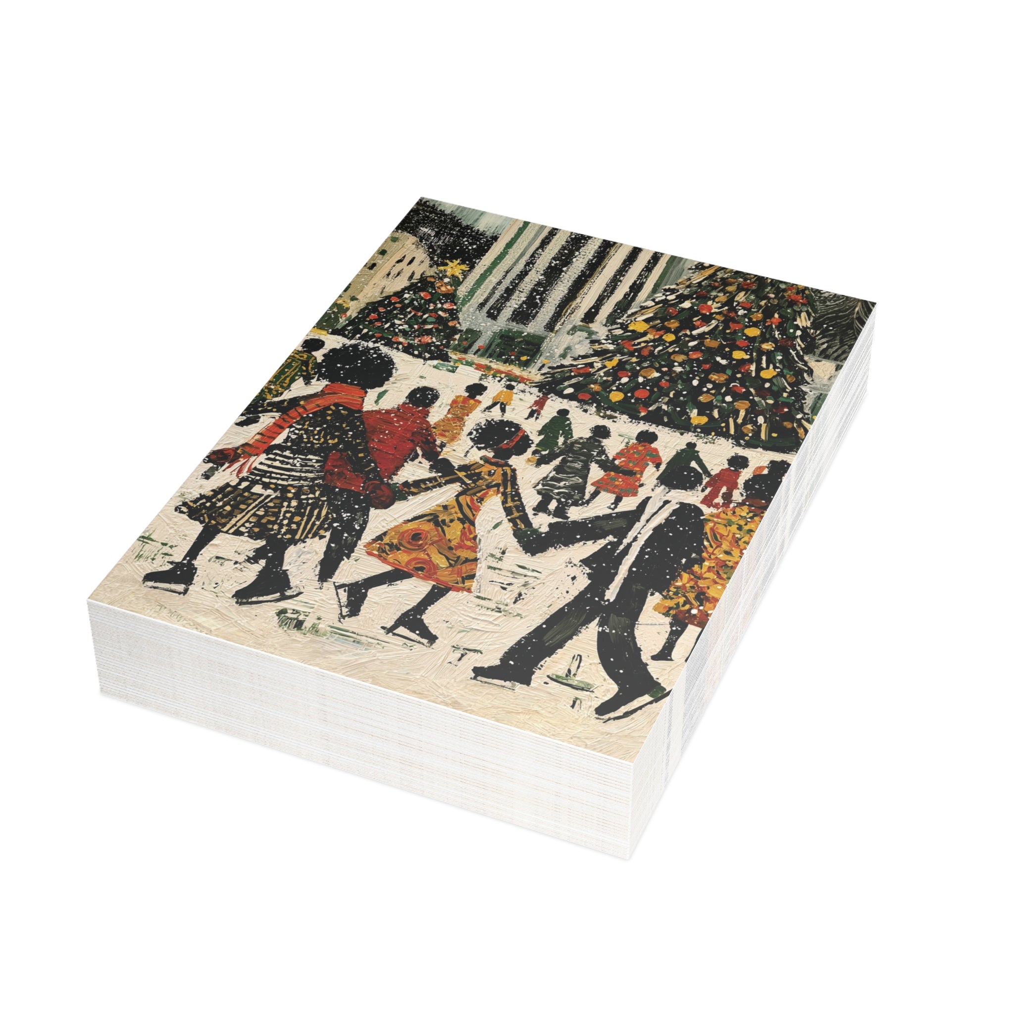 A stack of Christmas greeting cards featuring a vintage-style winter illustration with Black people ice skating, Christmas trees, at the Rockefeller Center in New York City against a white  background. Qty 30.