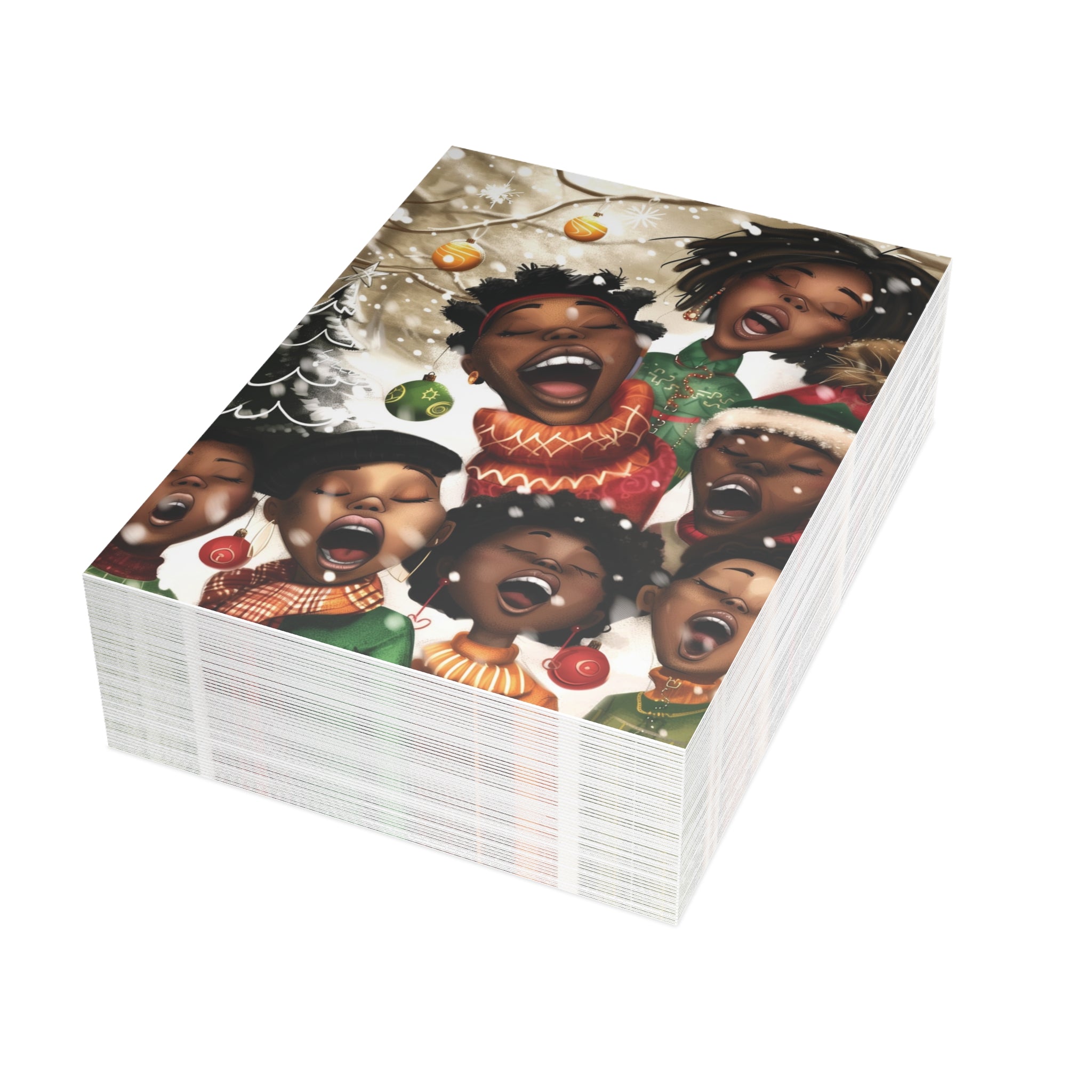A stack of greeting cards featuring a festive illustration of Black children singing and celebrating around Christmas trees and ornaments, shown on a plain white background.  Qty 50