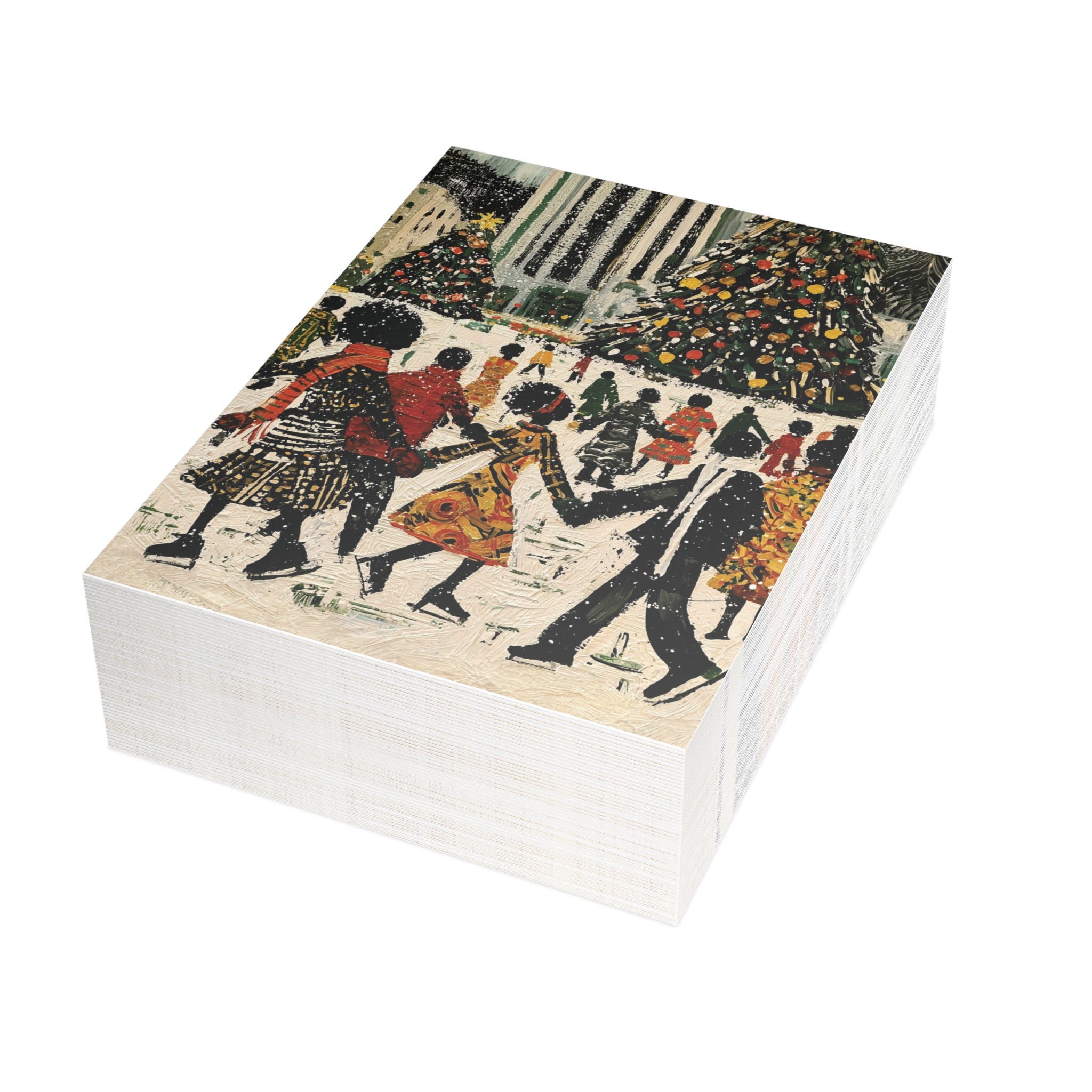 A stack of Christmas greeting cards featuring a vintage-style winter illustration with Black people ice skating, Christmas trees, at the Rockefeller Center in New York City against a white  background. Qty 50.