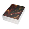 A stack of Christmas greeting cards featuring a cozy Christmas scene with a Black Santa Claus, a lit fireplace, a decorated tree, and teddy bears, photographed on a clean white background.  Qty 50.